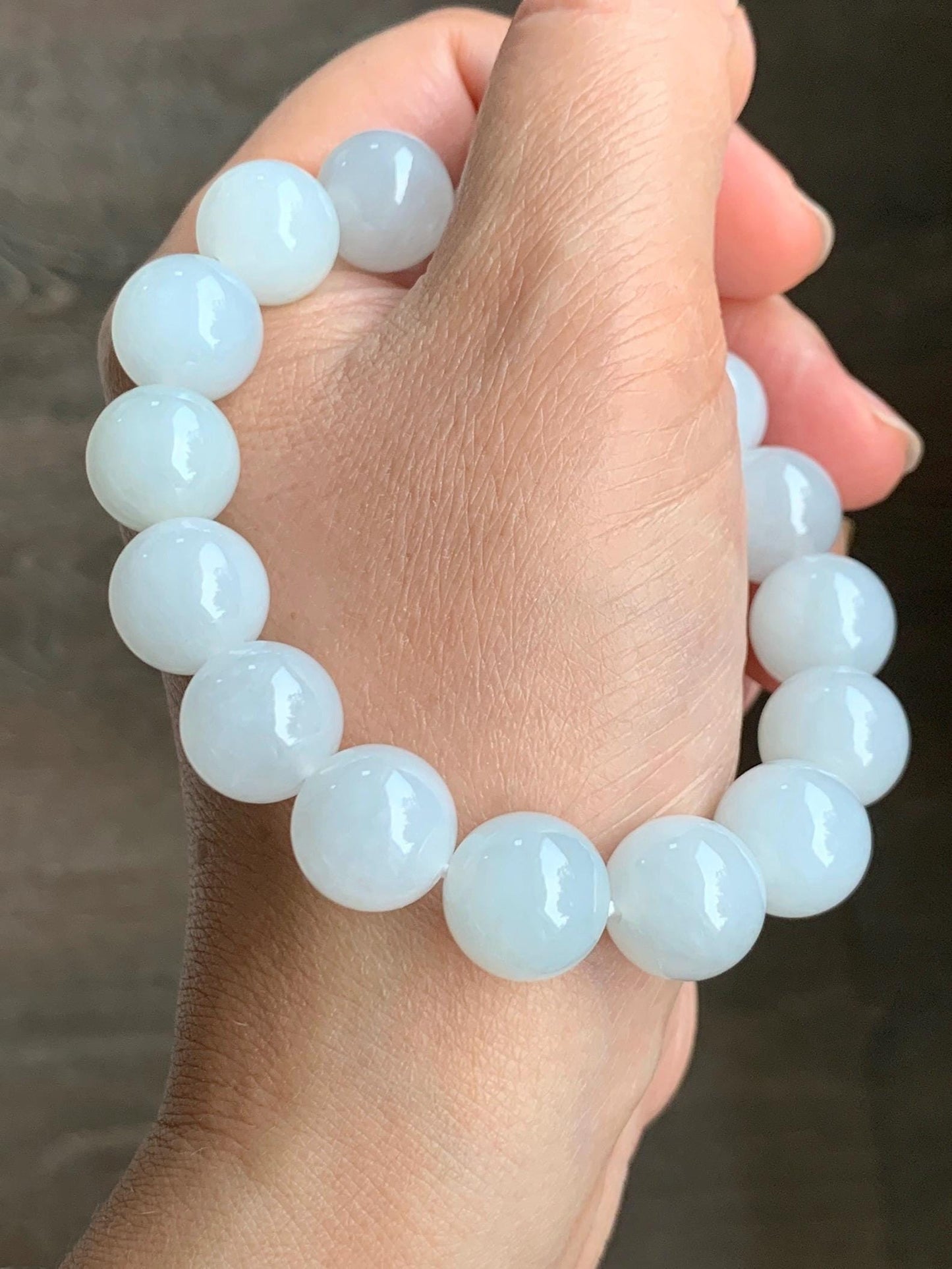 Natural Grade A Icy Translucent Gelatinous White Pastel Blue Jade Jadeite Beads Beaded Bracelet 12.7mm 7.5” 58g 天然冰胶淡蓝底翡翠大卡圆珠手串 MDL450A