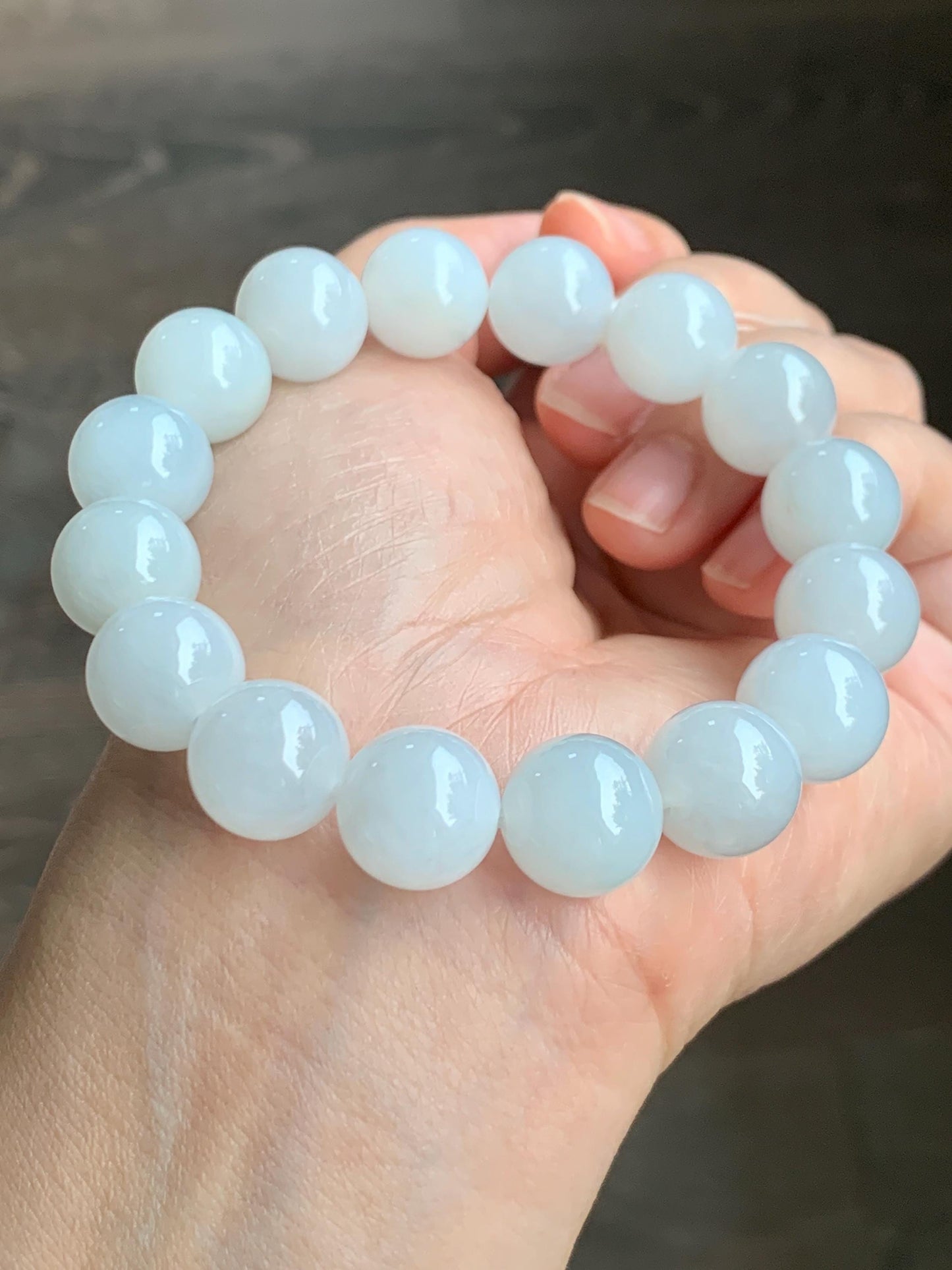 Natural Grade A Icy Translucent Gelatinous White Pastel Blue Jade Jadeite Beads Beaded Bracelet 12.7mm 7.5” 58g 天然冰胶淡蓝底翡翠大卡圆珠手串 MDL450A