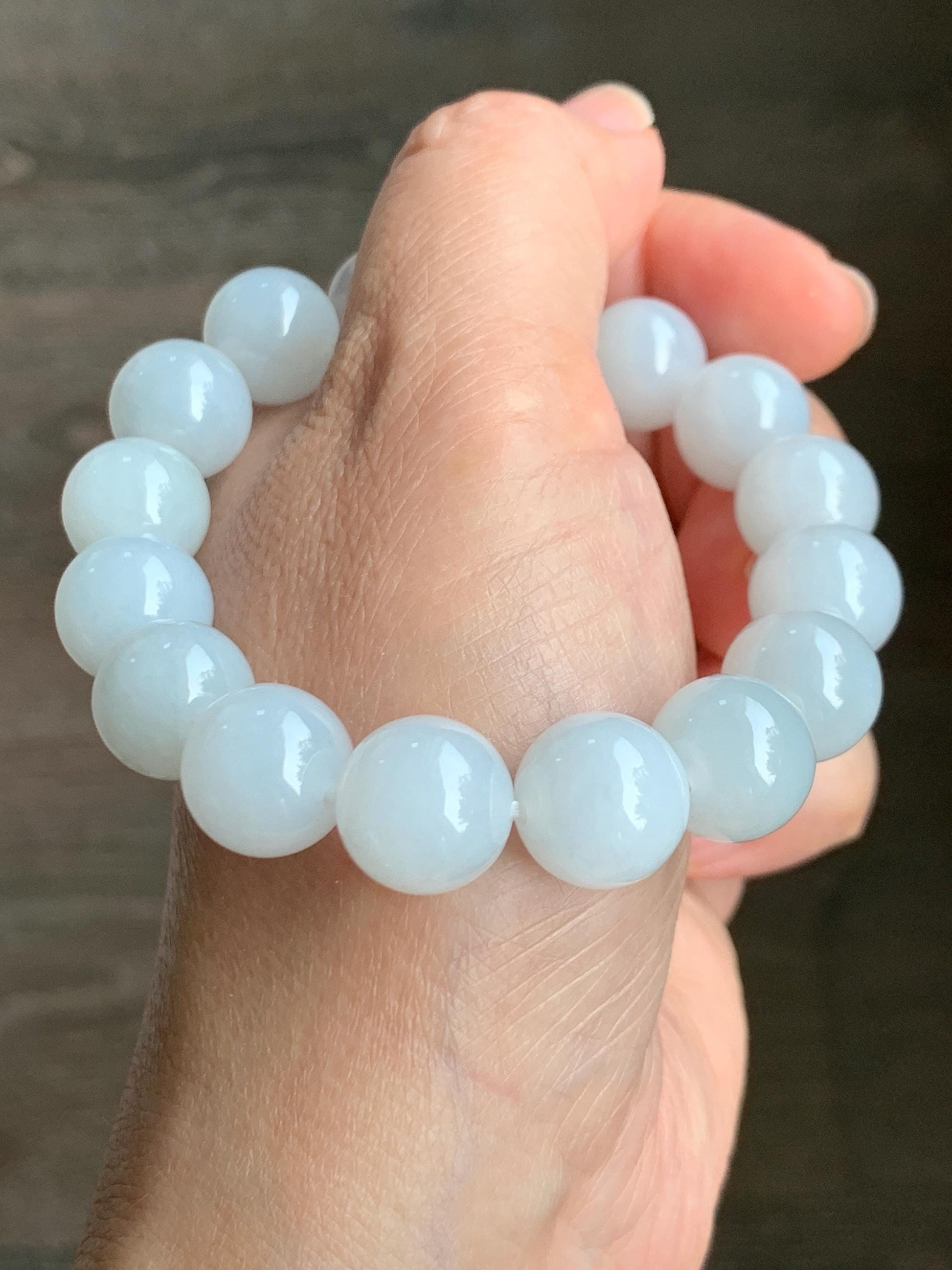 Natural Grade A Icy Translucent Gelatinous White Pastel Blue Jade Jadeite Beads Beaded Bracelet 12.7mm 7.5” 58g 天然冰胶淡蓝底翡翠大卡圆珠手串 MDL450A