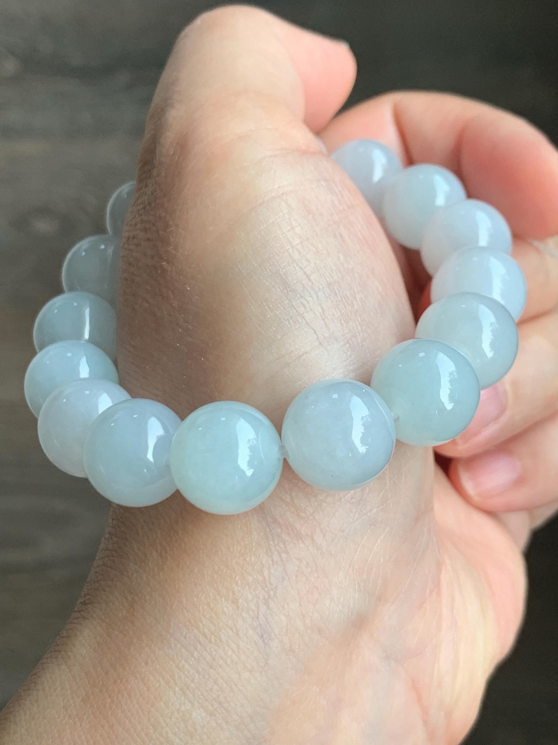 Natural Grade A Icy Translucent Gelatinous White Pastel Blue Jade Jadeite Beads Beaded Bracelet 12.7mm 7.5” 58g 天然冰胶淡蓝底翡翠大卡圆珠手串 MDL450B