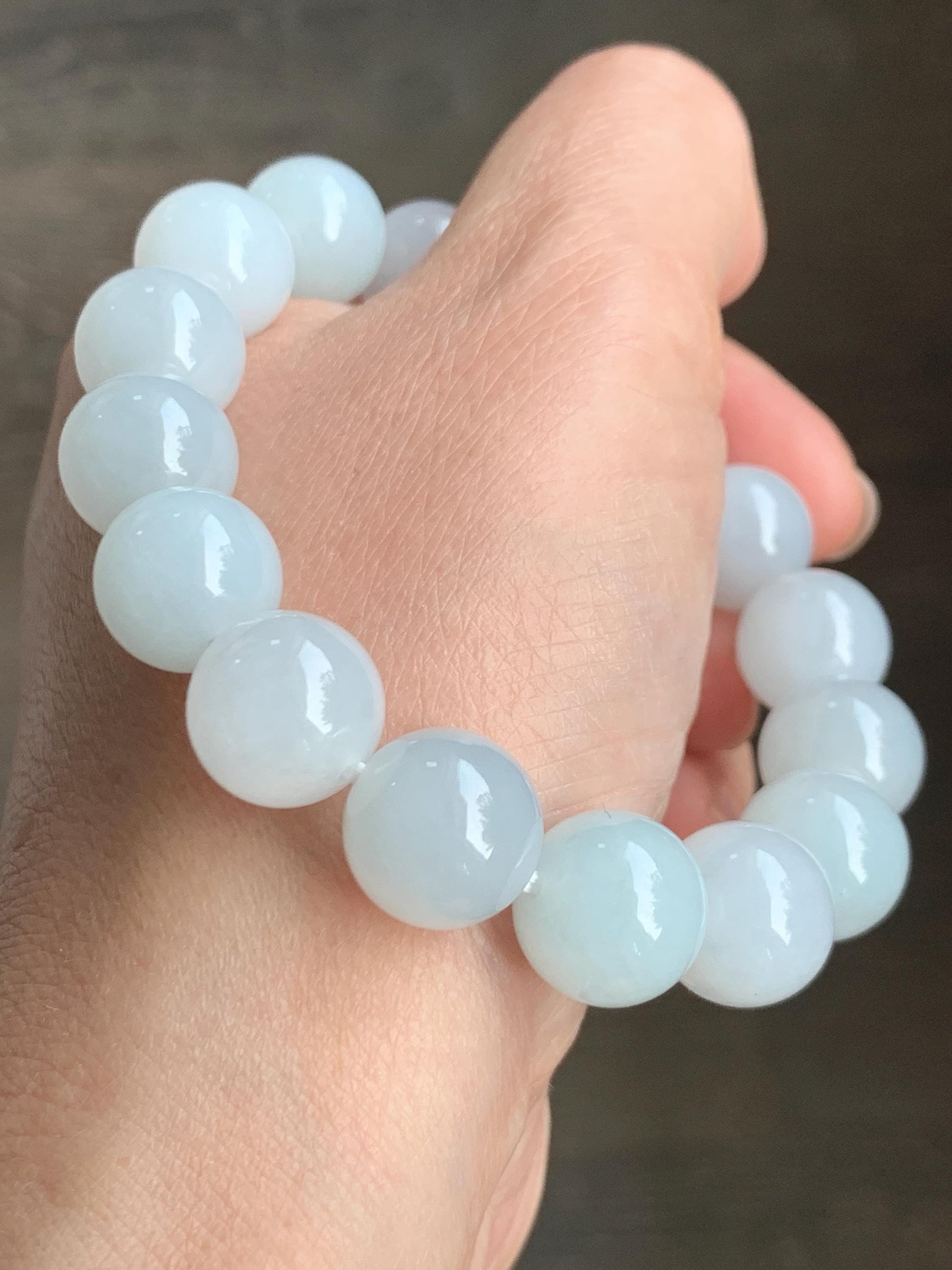 Natural Grade A Icy Translucent Gelatinous White Pastel Blue Jade Jadeite Beads Beaded Bracelet 12.7mm 7.5” 58g 天然冰胶淡蓝底翡翠大卡圆珠手串 MDL450B