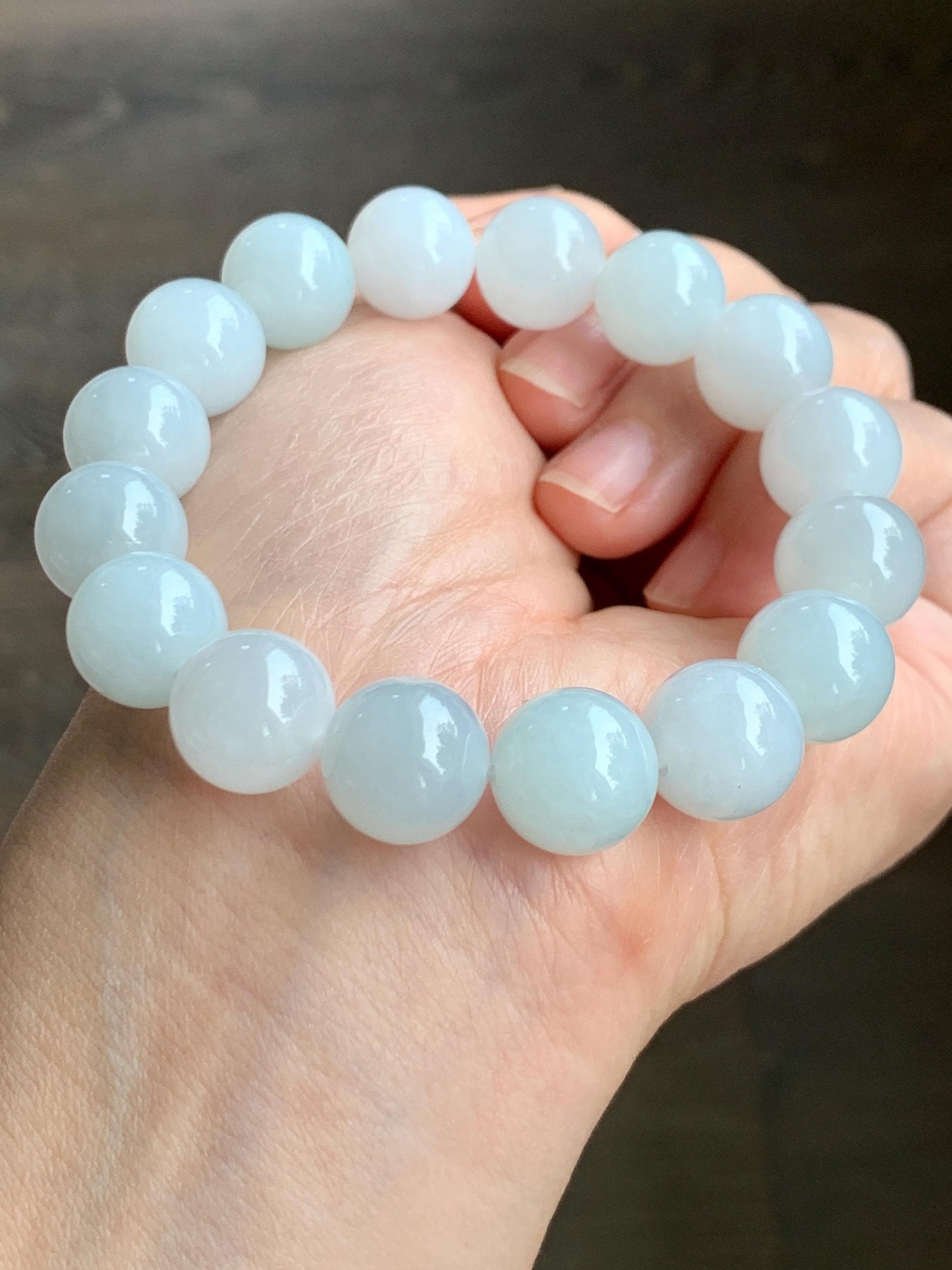 Natural Grade A Icy Translucent Gelatinous White Pastel Blue Jade Jadeite Beads Beaded Bracelet 12.7mm 7.5” 58g 天然冰胶淡蓝底翡翠大卡圆珠手串 MDL450B