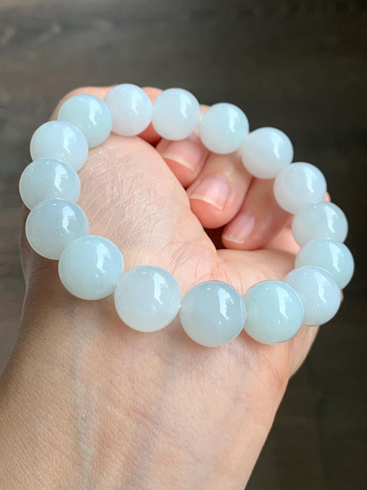 Natural Grade A Icy Translucent Gelatinous White Pastel Blue Jade Jadeite Beads Beaded Bracelet 12.7mm 7.5” 58g 天然冰胶淡蓝底翡翠大卡圆珠手串 MDL450B
