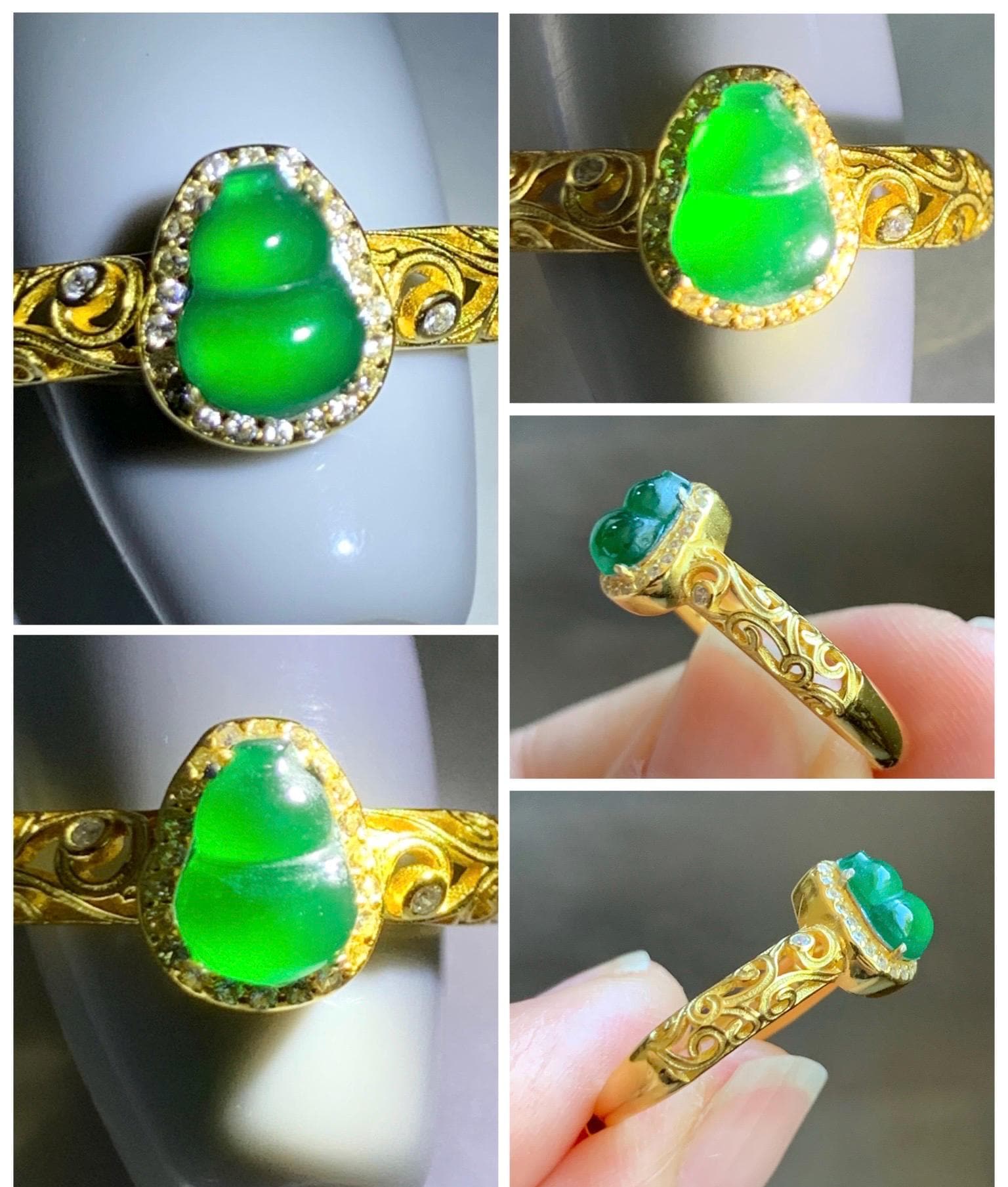 Natural Grade A Guatemalan Icy Translucent Vibrant Green Jade Jadeite Hulu Gourd Ring Sterling Silver Yellow Gold Finish 天然冰危绿翡翠葫芦银镶戒指 WLJ69