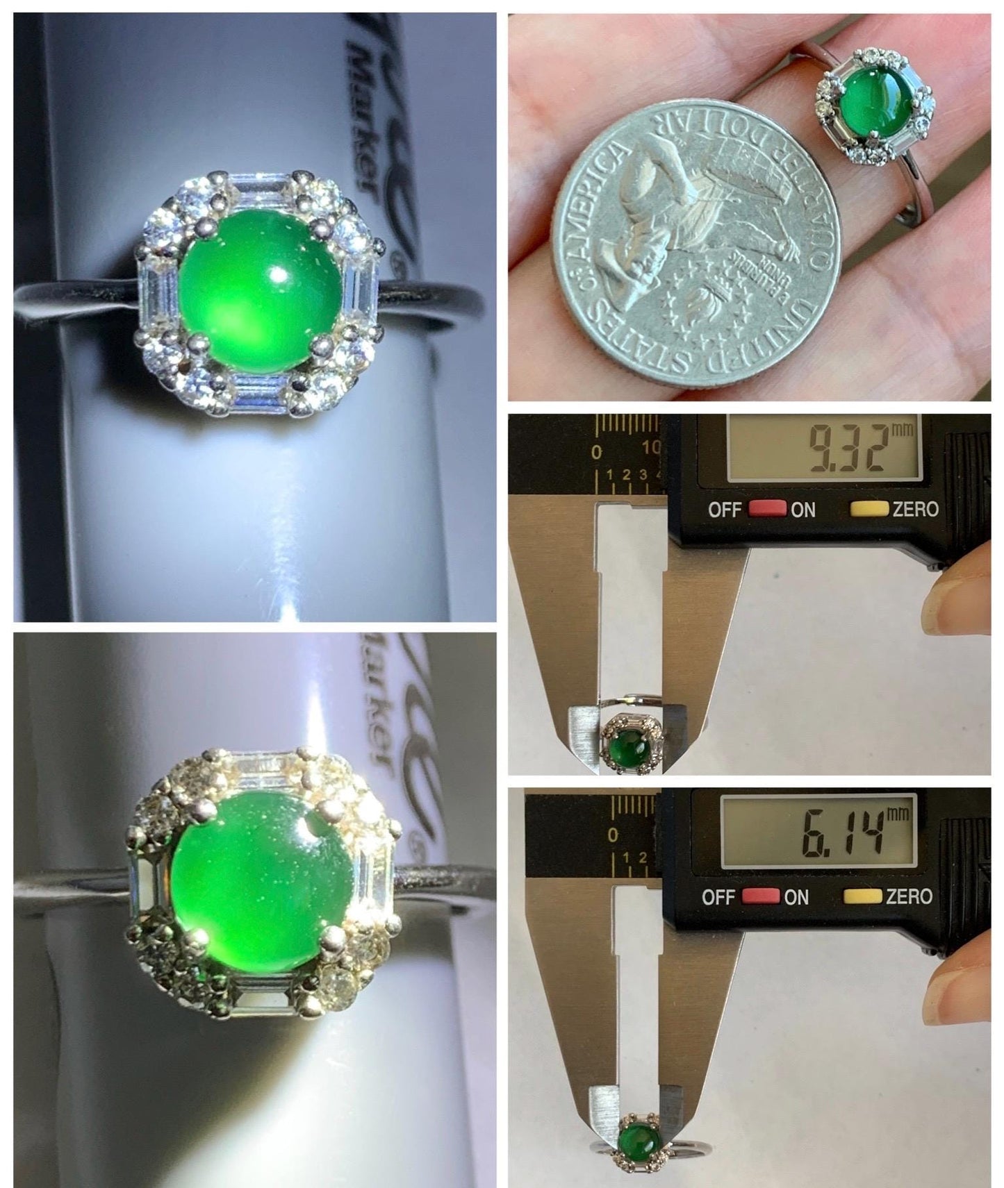 Natural Grade A Guatemalan Icy Translucent Vibrant Green Jade Jadeite Ring Sterling Silver Size Adjustable 天然冰危绿翡翠蛋面银镶戒指 WLJ88