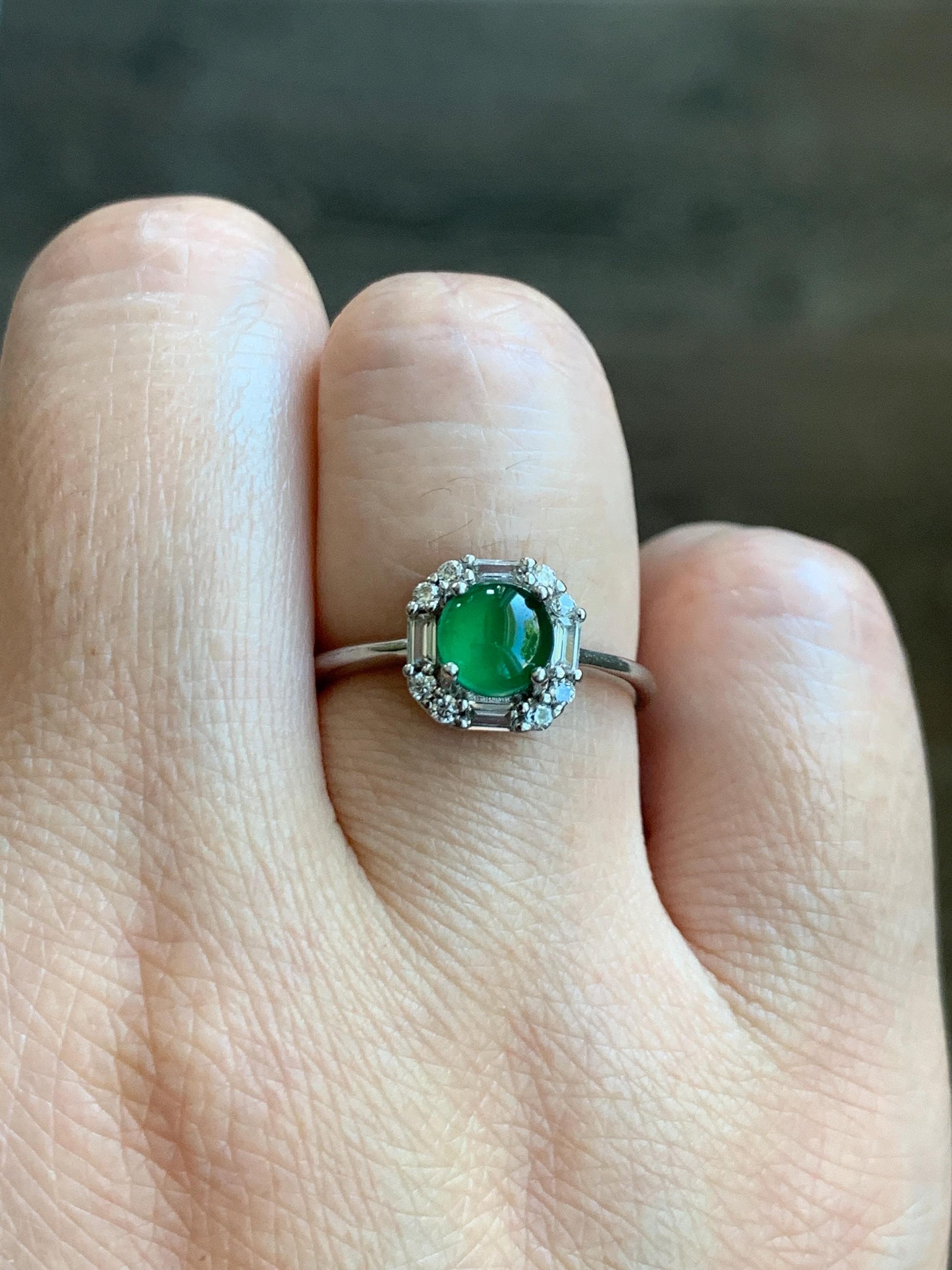 Natural Grade A Guatemalan Icy Translucent Vibrant Green Jade Jadeite Ring Sterling Silver Size Adjustable 天然冰危绿翡翠蛋面银镶戒指 WLJ88