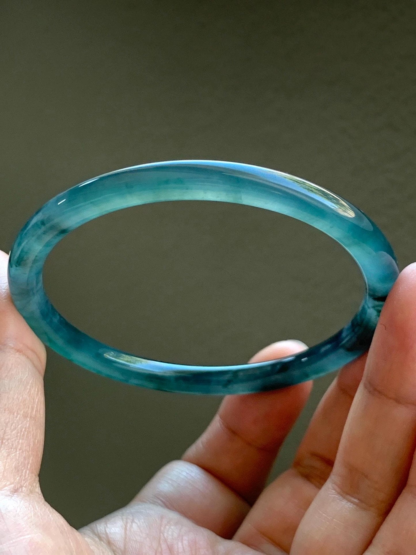 Certified Natural Grade A Guatemalan Icy Highly Translucent Dark Teal Blue Marbled Jade Jadeite Bangle 58.36mm 7.2” 天然冰胶危深蓝飘花翡翠圆条手镯 8799