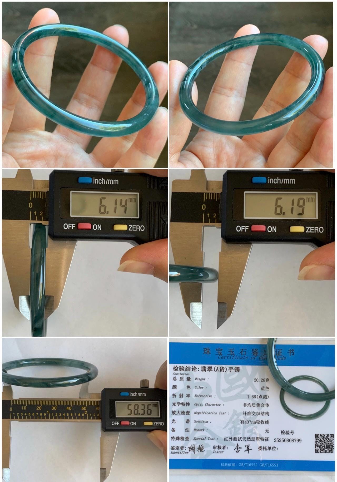 Certified Natural Grade A Guatemalan Icy Highly Translucent Dark Teal Blue Marbled Jade Jadeite Bangle 58.36mm 7.2” 天然冰胶危深蓝飘花翡翠圆条手镯 8799