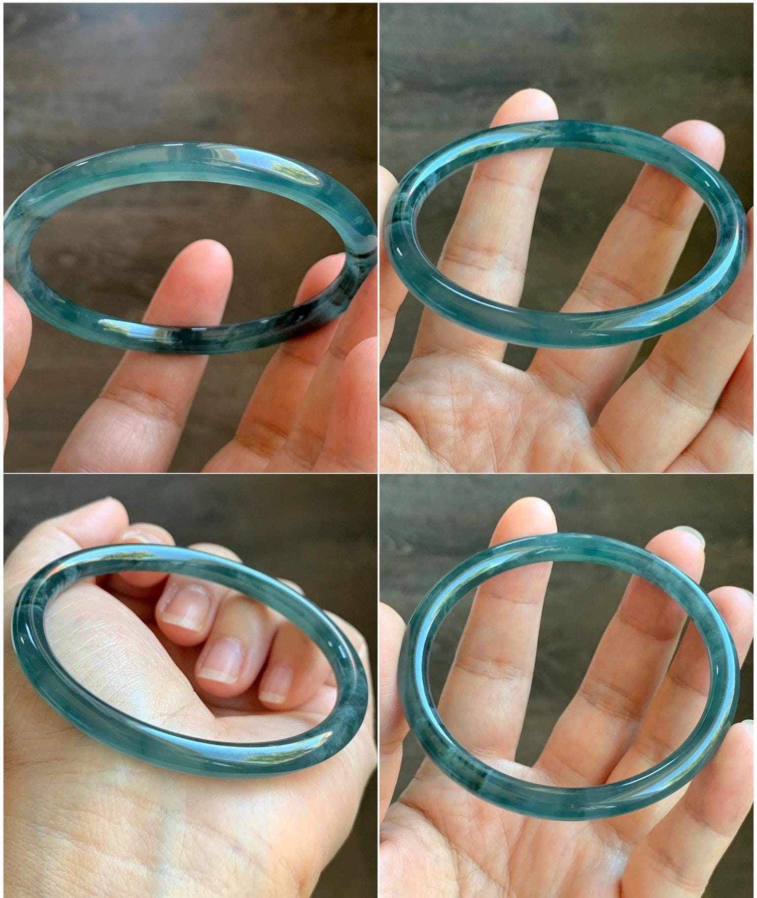 Certified Natural Grade A Guatemalan Icy Highly Translucent Dark Teal Blue Marbled Jade Jadeite Bangle 58.36mm 7.2” 天然冰胶危深蓝飘花翡翠圆条手镯 8799
