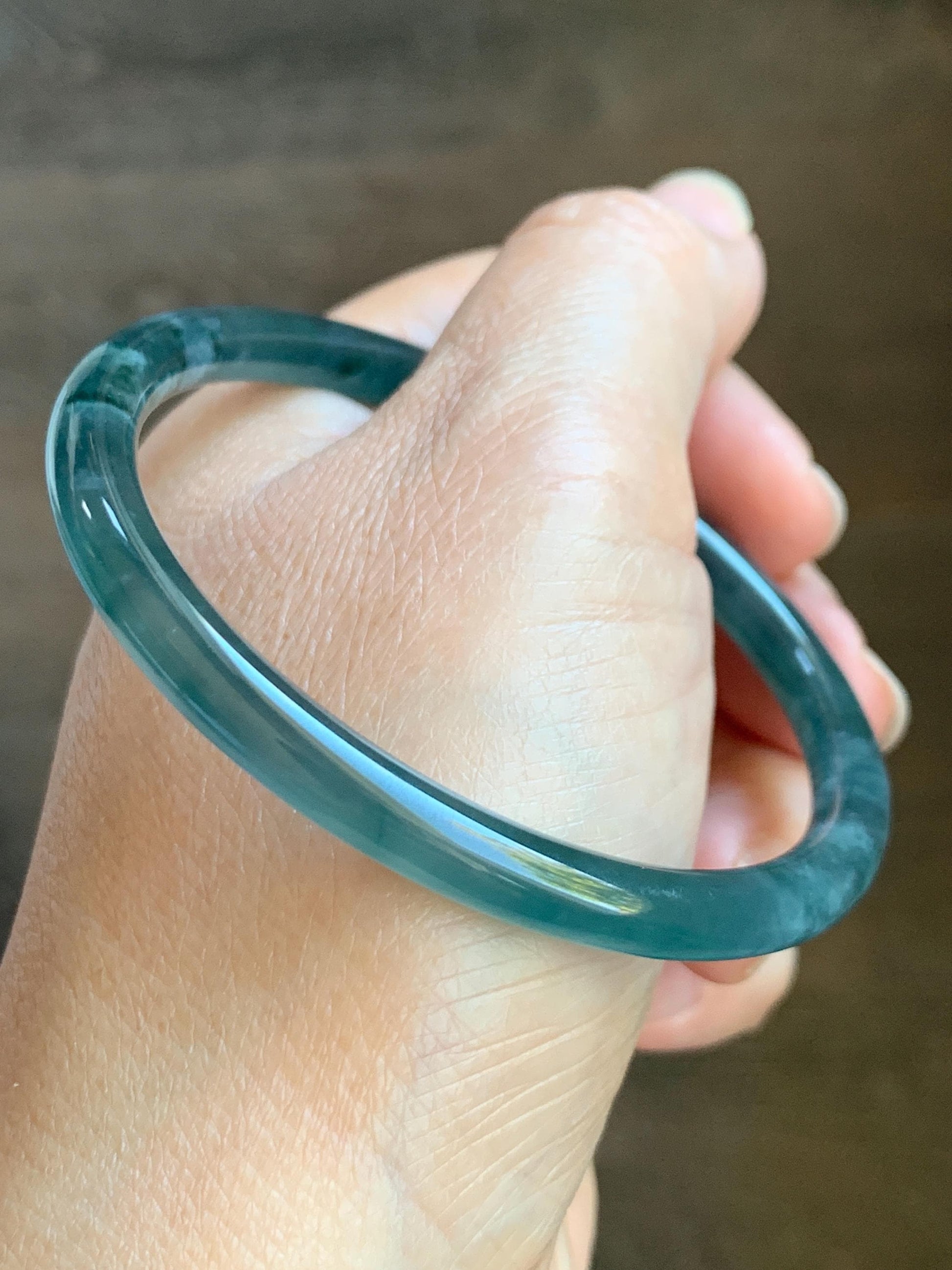 Certified Natural Grade A Guatemalan Icy Highly Translucent Dark Teal Blue Marbled Jade Jadeite Bangle 58.36mm 7.2” 天然冰胶危深蓝飘花翡翠圆条手镯 8799