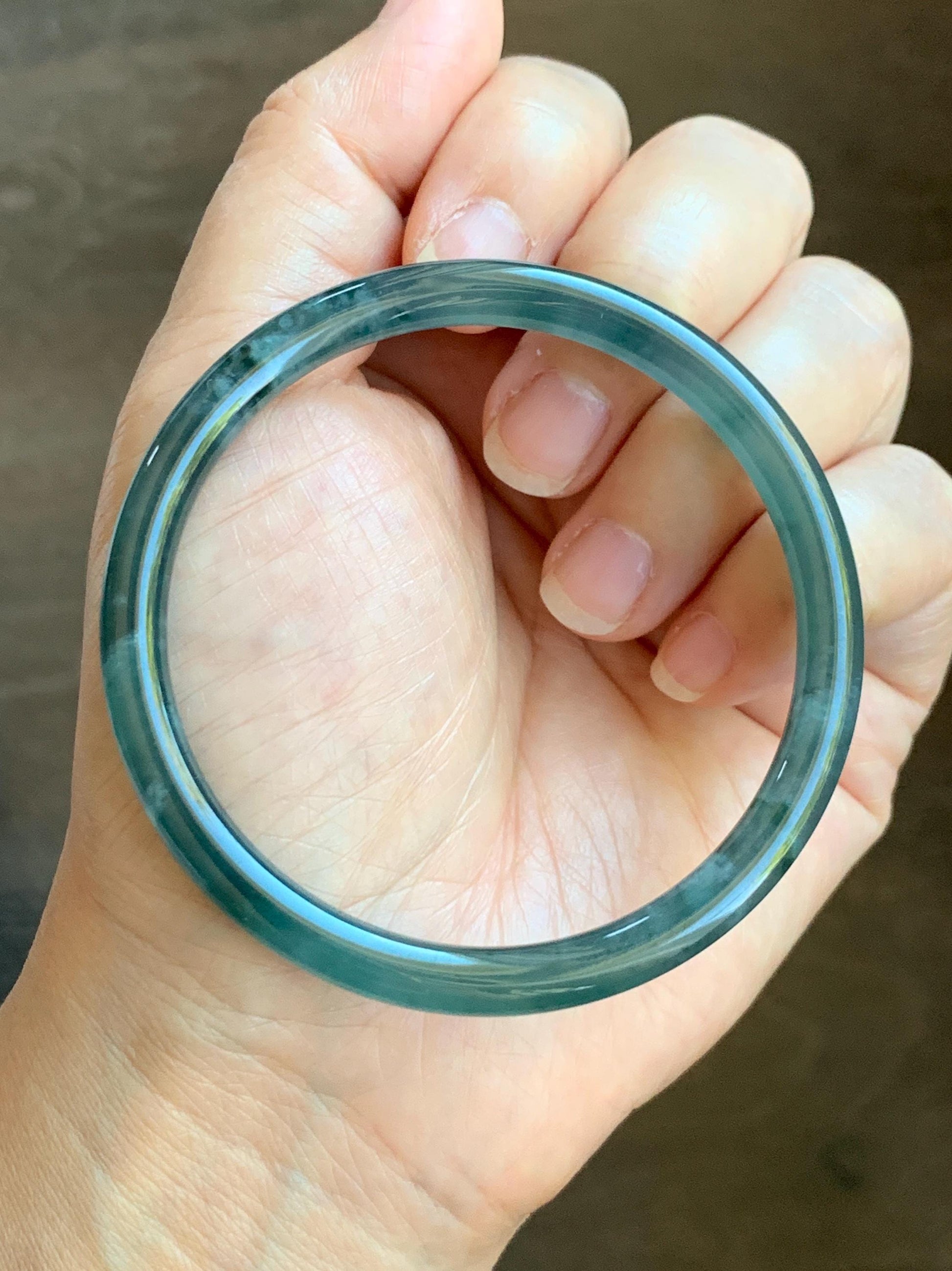 Certified Natural Grade A Guatemalan Icy Highly Translucent Dark Teal Blue Marbled Jade Jadeite Bangle 58.36mm 7.2” 天然冰胶危深蓝飘花翡翠圆条手镯 8799