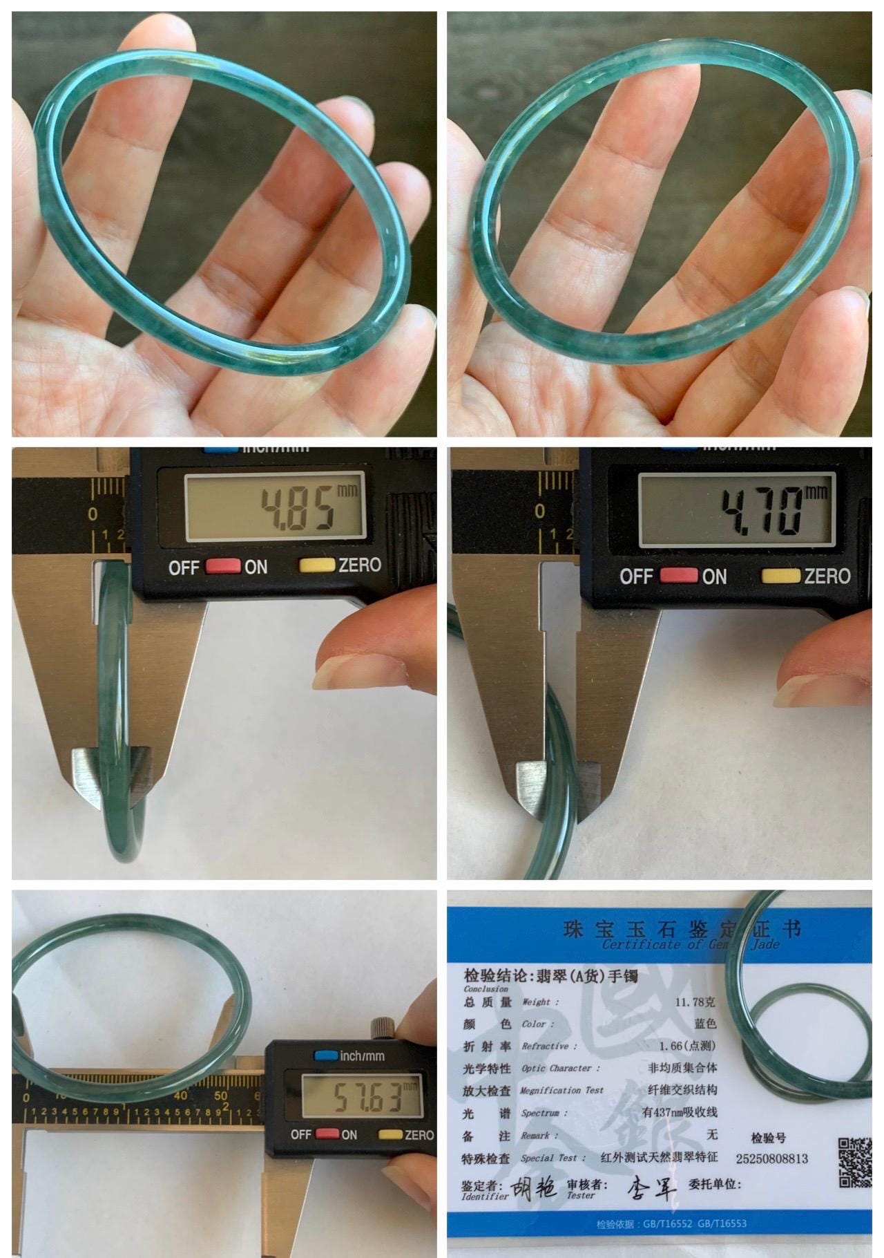 Certified Natural Grade A Guatemalan Icy Highly Translucent Light Teal Green Jade Jadeite Slim Bangle 57.63mm 7.12” 天然冰胶危蓝绿翡翠细圆条手镯 8813