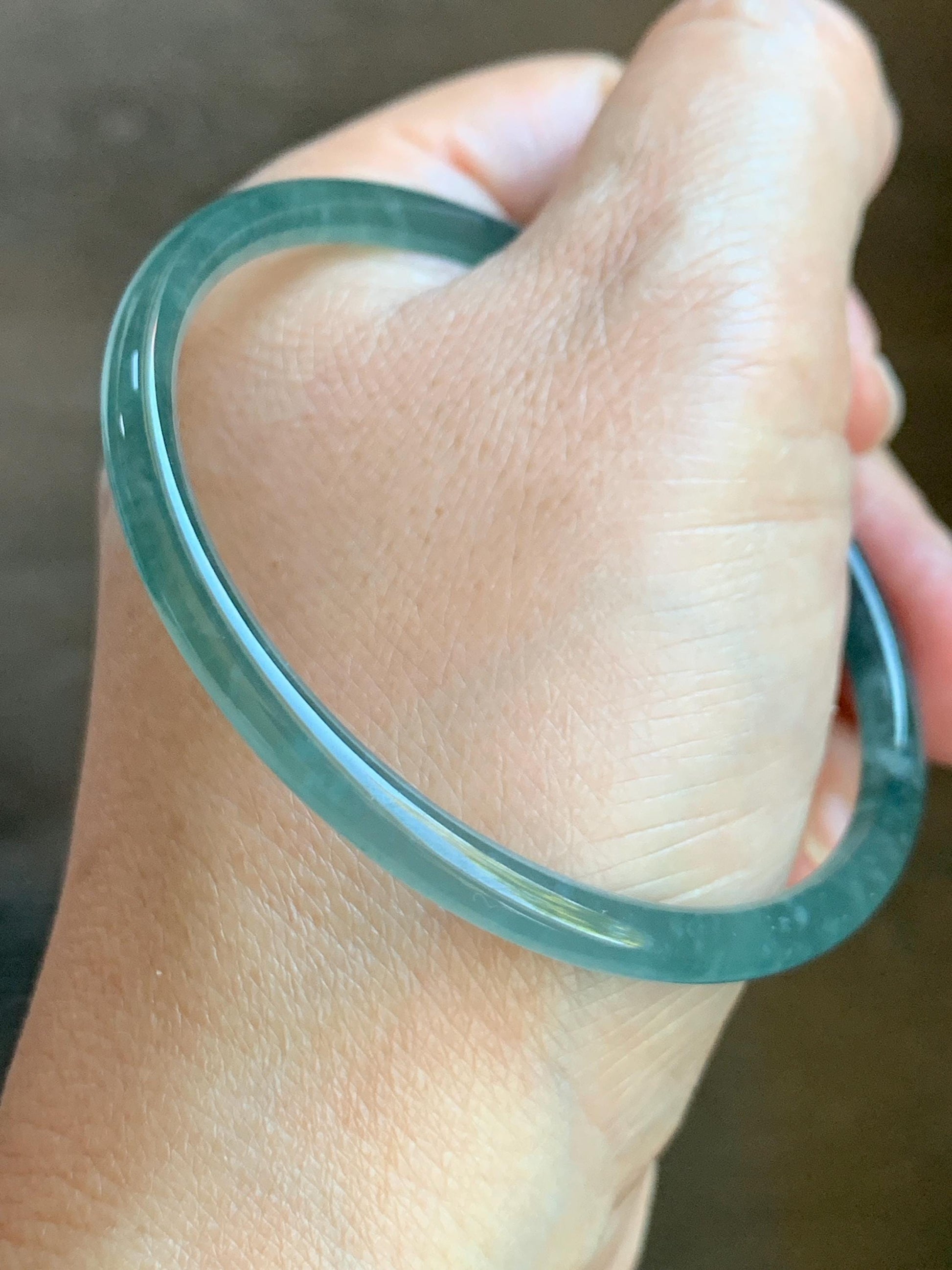 Certified Natural Grade A Guatemalan Icy Highly Translucent Light Teal Green Jade Jadeite Slim Bangle 57.63mm 7.12” 天然冰胶危蓝绿翡翠细圆条手镯 8813