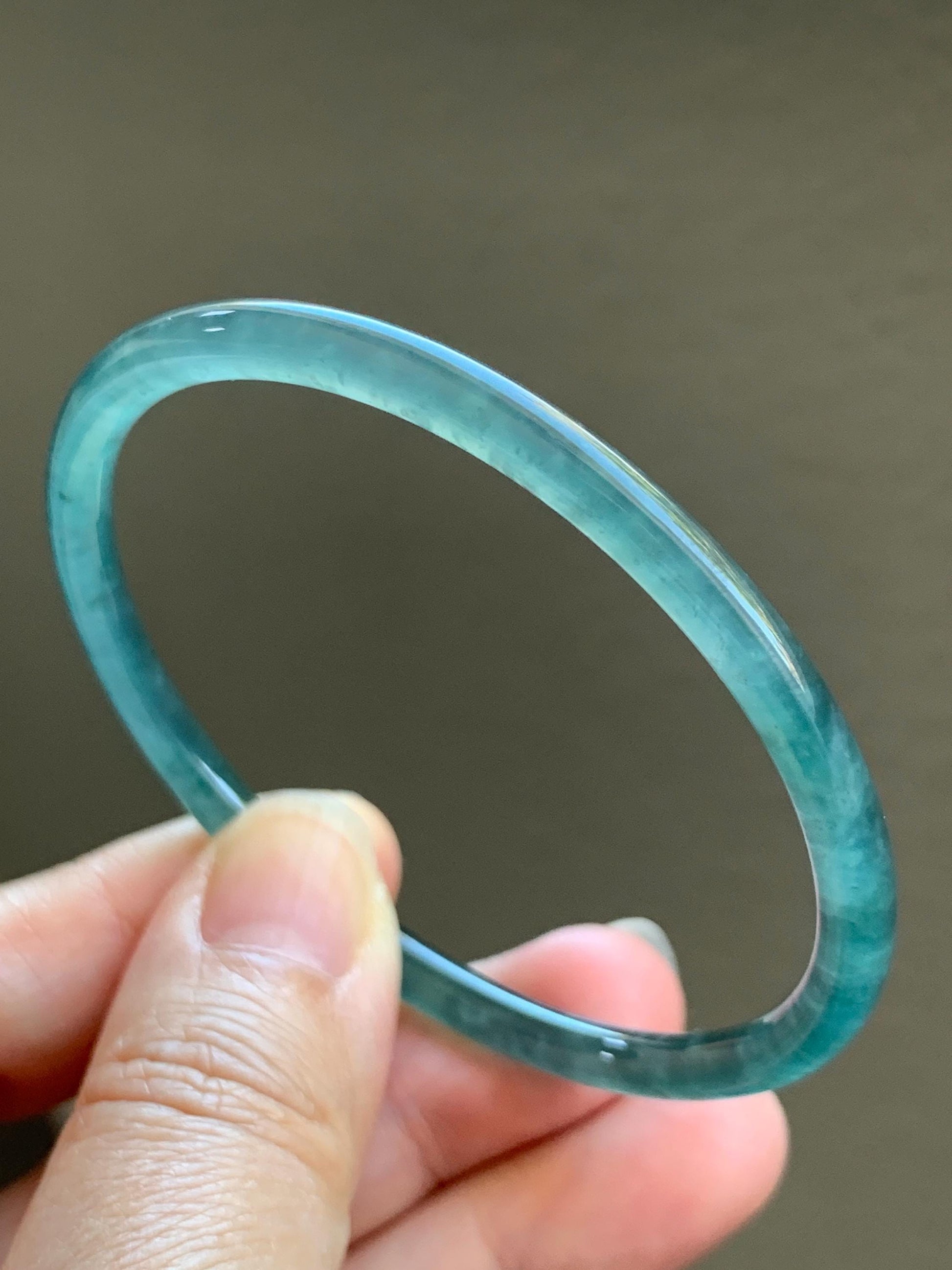 Certified Natural Grade A Guatemalan Icy Highly Translucent Light Teal Green Jade Jadeite Slim Bangle 57.63mm 7.12” 天然冰胶危蓝绿翡翠细圆条手镯 8813