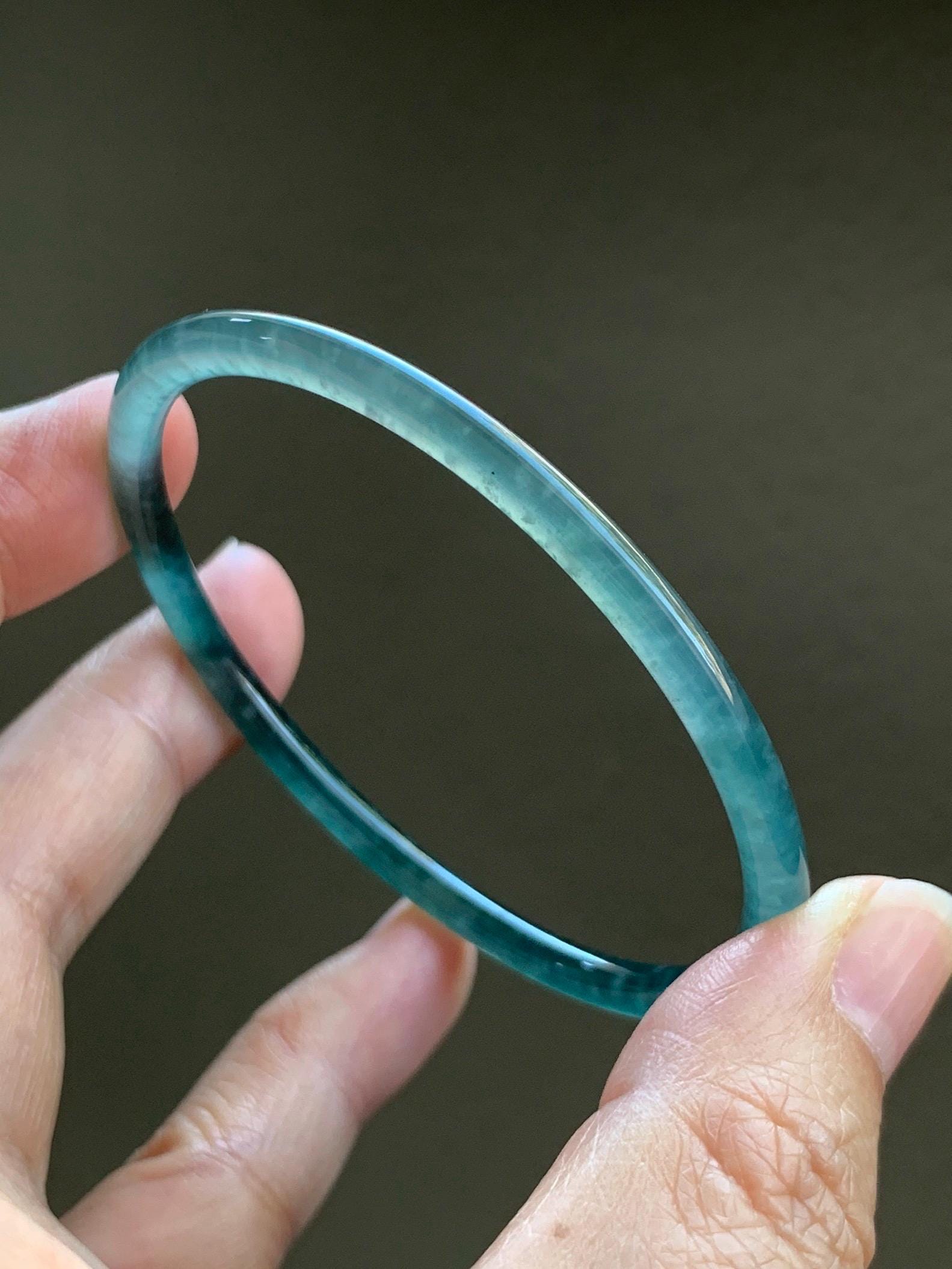 Certified Natural Grade A Guatemalan Icy Highly Translucent Light Teal Green Jade Jadeite Slim Bangle 57.7mm 7.13” 天然冰胶危蓝绿翡翠细圆条手镯 8812