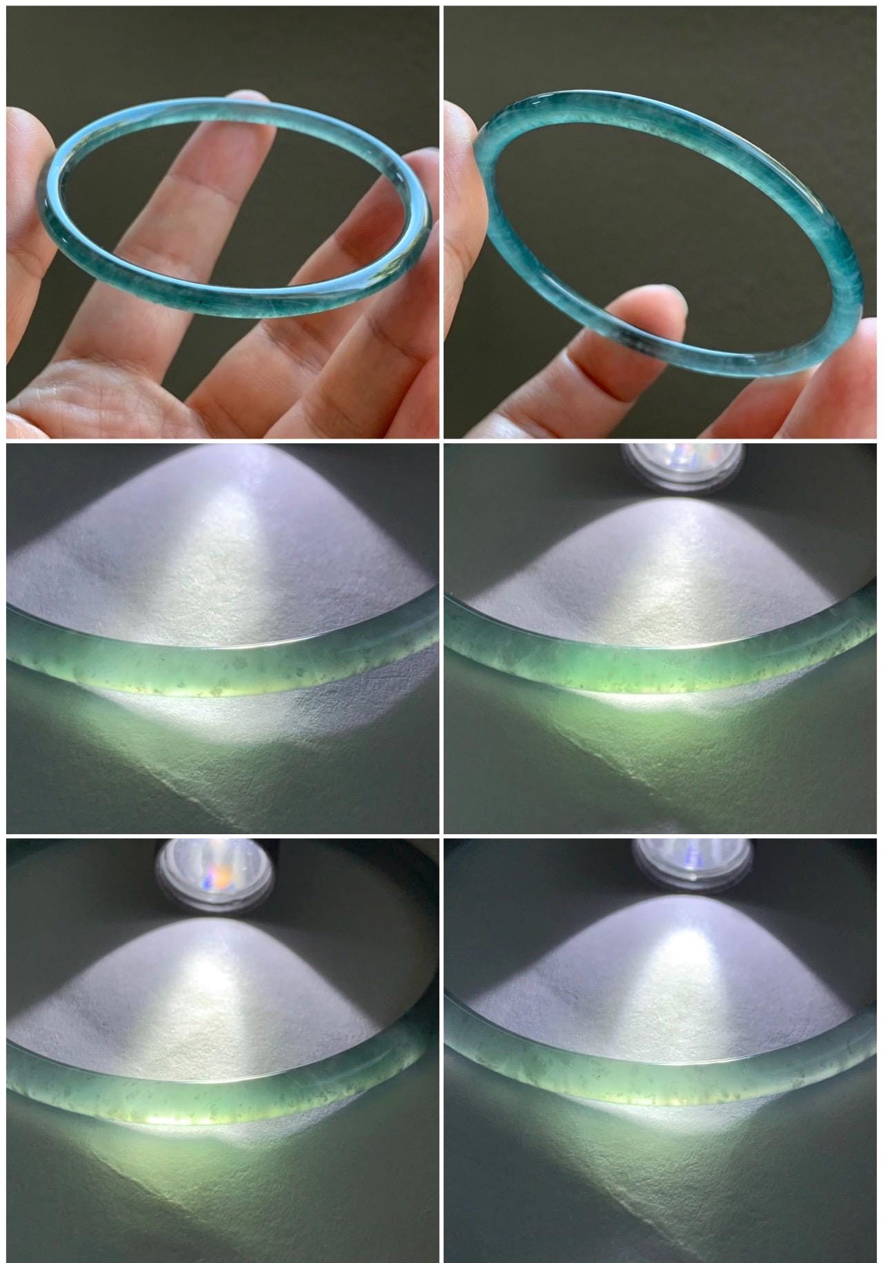 Certified Natural Grade A Guatemalan Icy Highly Translucent Light Teal Green Jade Jadeite Slim Bangle 57.7mm 7.13” 天然冰胶危蓝绿翡翠细圆条手镯 8812