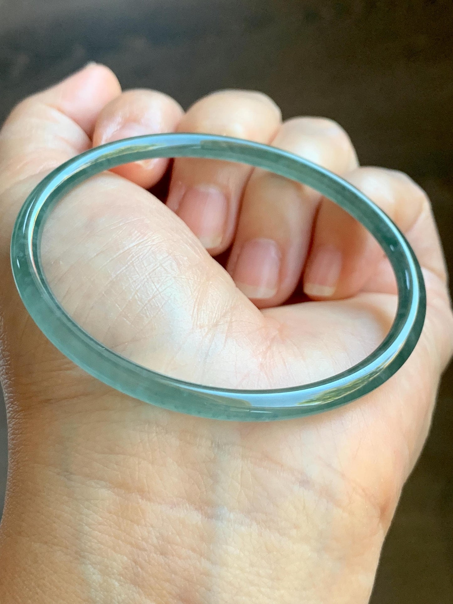 Certified Natural Grade A Guatemalan Icy Highly Translucent Light Teal Green Jade Jadeite Slim Bangle 57.7mm 7.13” 天然冰胶危蓝绿翡翠细圆条手镯 8812
