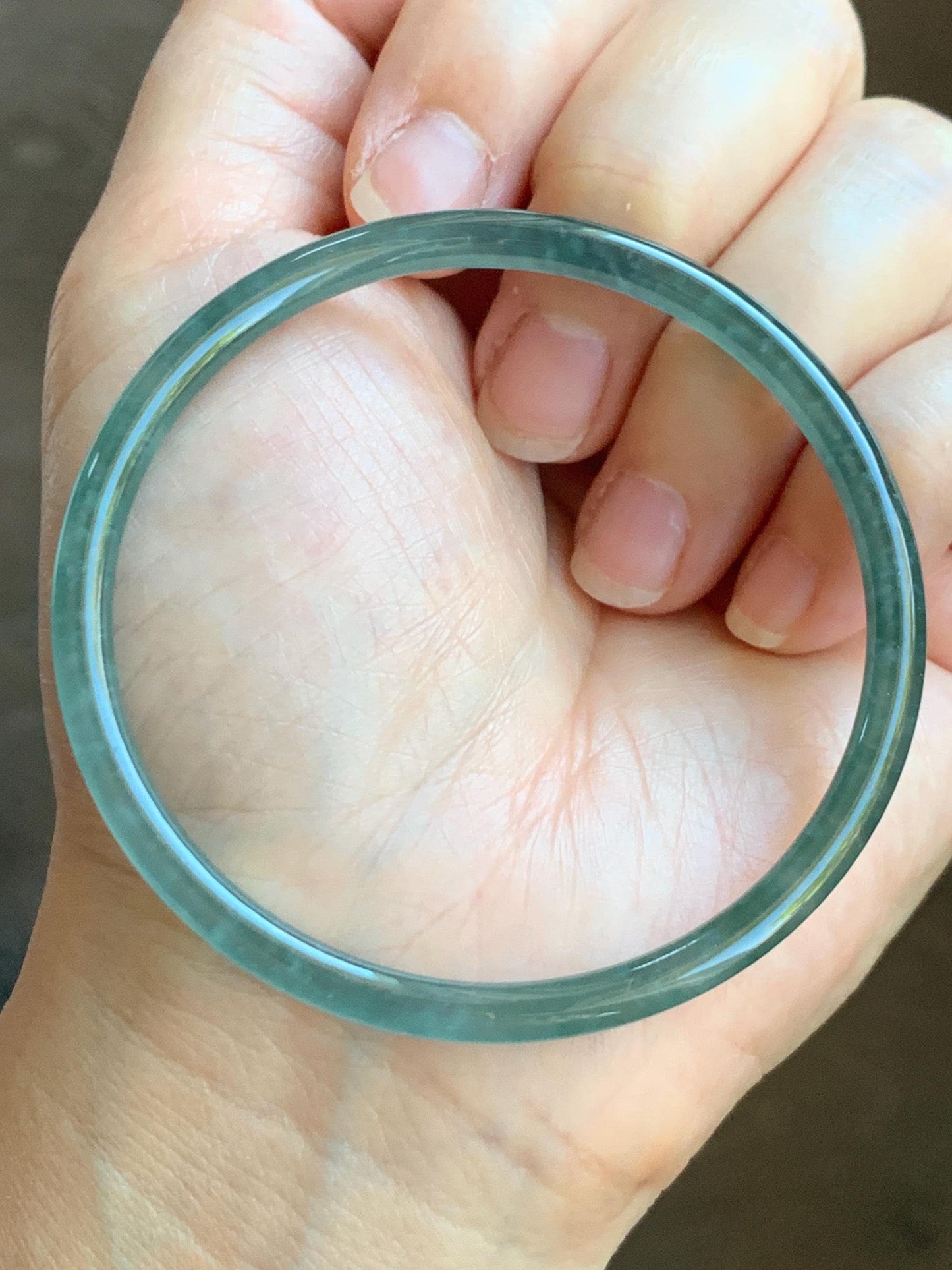 Certified Natural Grade A Guatemalan Icy Highly Translucent Light Teal Green Jade Jadeite Slim Bangle 57.7mm 7.13” 天然冰胶危蓝绿翡翠细圆条手镯 8812