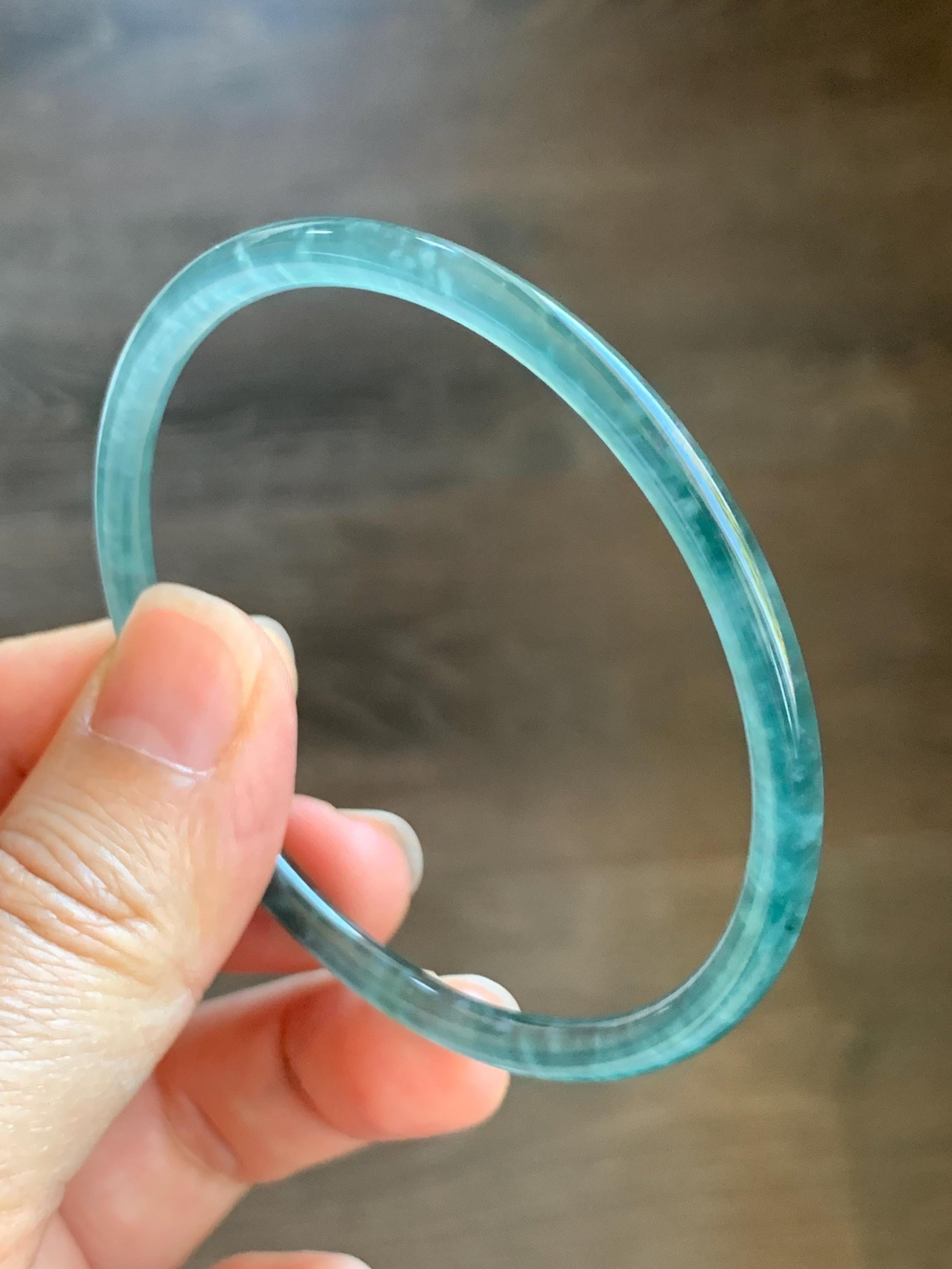 Certified Natural Grade A Guatemalan Icy Highly Translucent Light Teal Green Jade Jadeite Slim Bangle 57.7mm 7.13” 天然冰胶危蓝绿翡翠细圆条手镯 8812