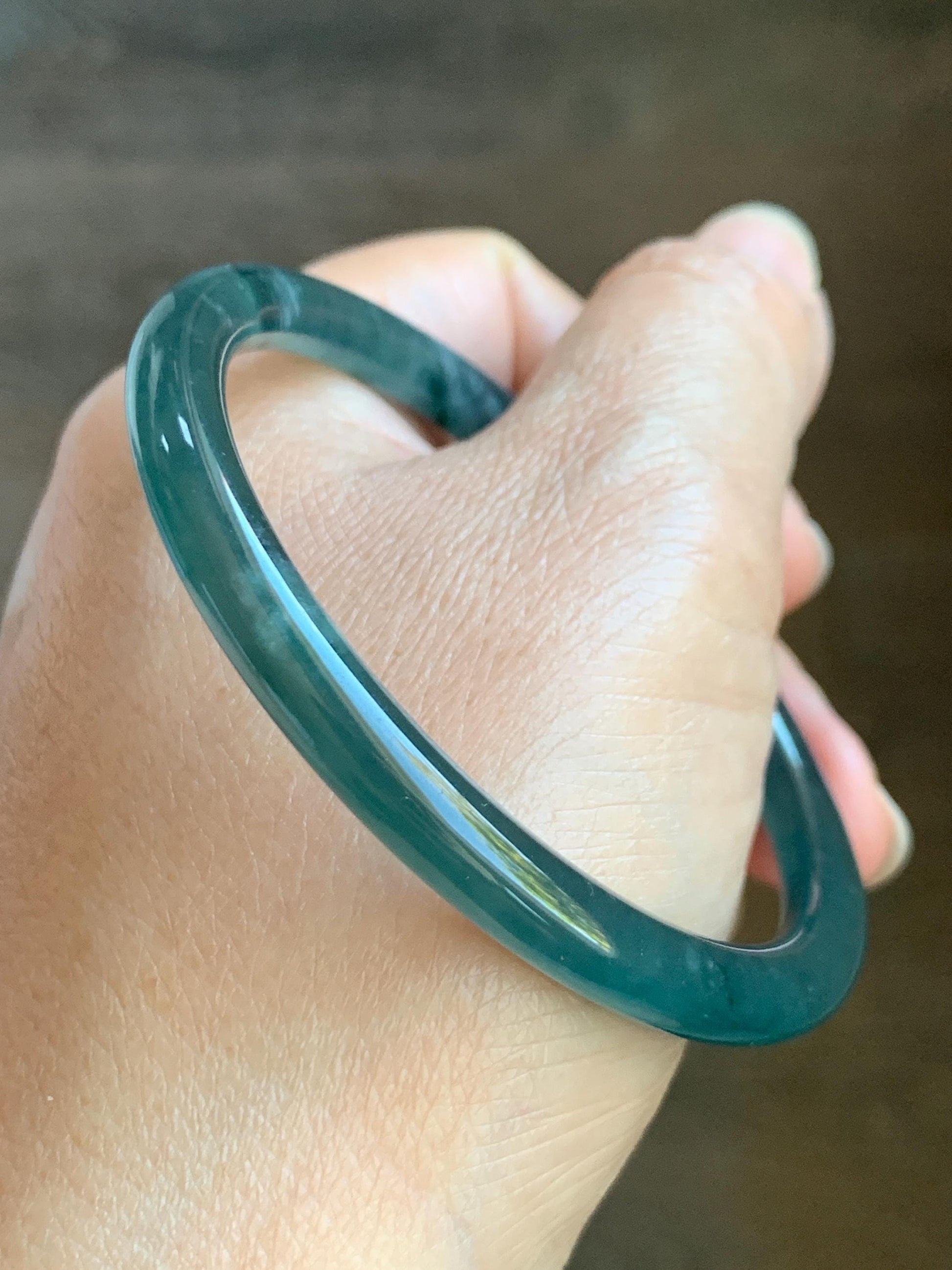 Certified Natural Grade A Guatemalan Icy Highly Translucent Dark Teal Blue Marbled Jade Jadeite Bangle 56.65mm 7” 天然冰胶危深蓝飘花翡翠圆条手镯 8800