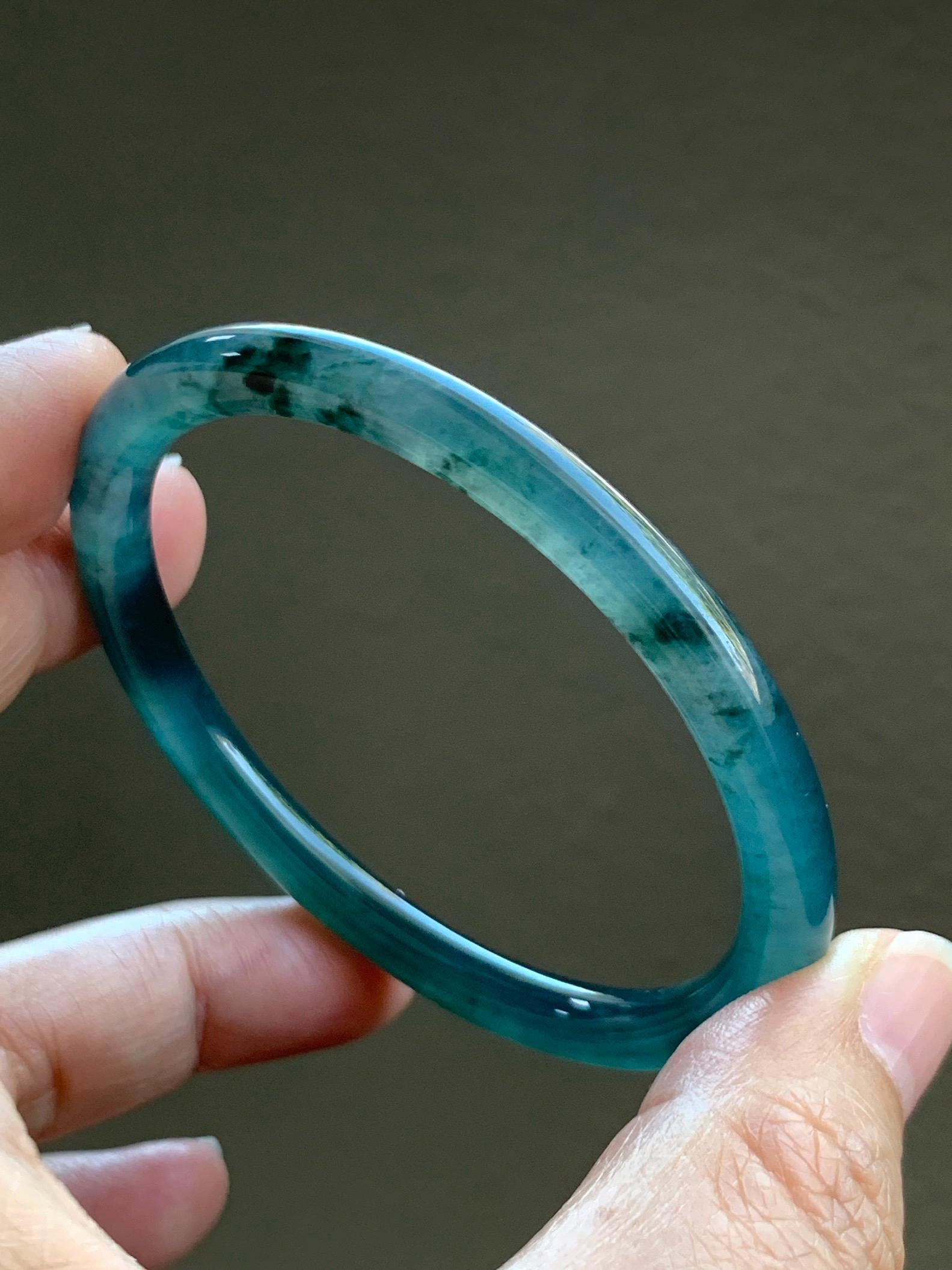 Certified Natural Grade A Guatemalan Icy Highly Translucent Dark Teal Blue Marbled Jade Jadeite Bangle 56.65mm 7” 天然冰胶危深蓝飘花翡翠圆条手镯 8800