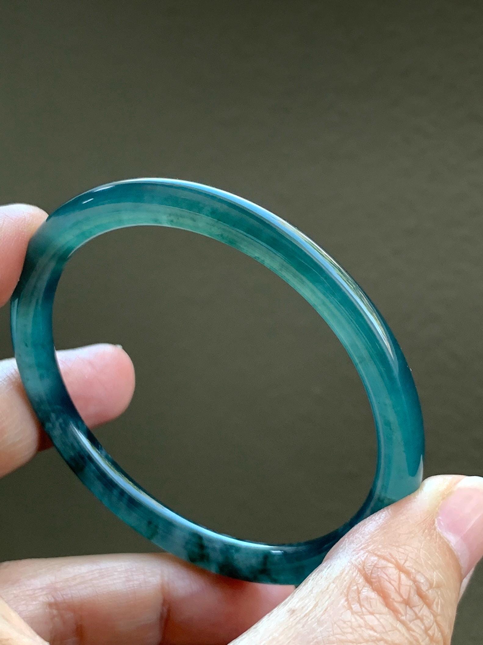 Certified Natural Grade A Guatemalan Icy Highly Translucent Dark Teal Blue Marbled Jade Jadeite Bangle 56.65mm 7” 天然冰胶危深蓝飘花翡翠圆条手镯 8800