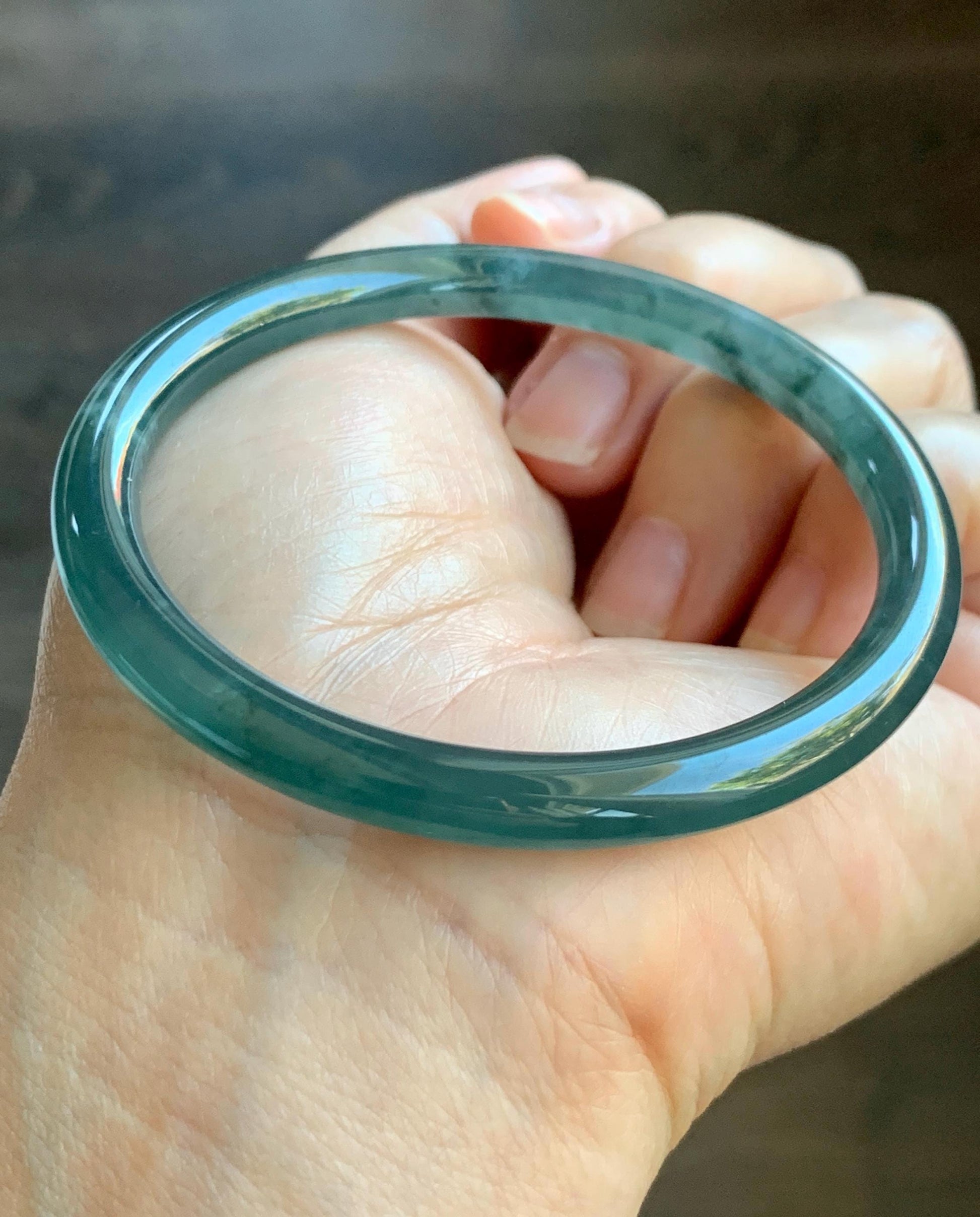 Certified Natural Grade A Guatemalan Icy Highly Translucent Dark Teal Blue Marbled Jade Jadeite Bangle 56.65mm 7” 天然冰胶危深蓝飘花翡翠圆条手镯 8800