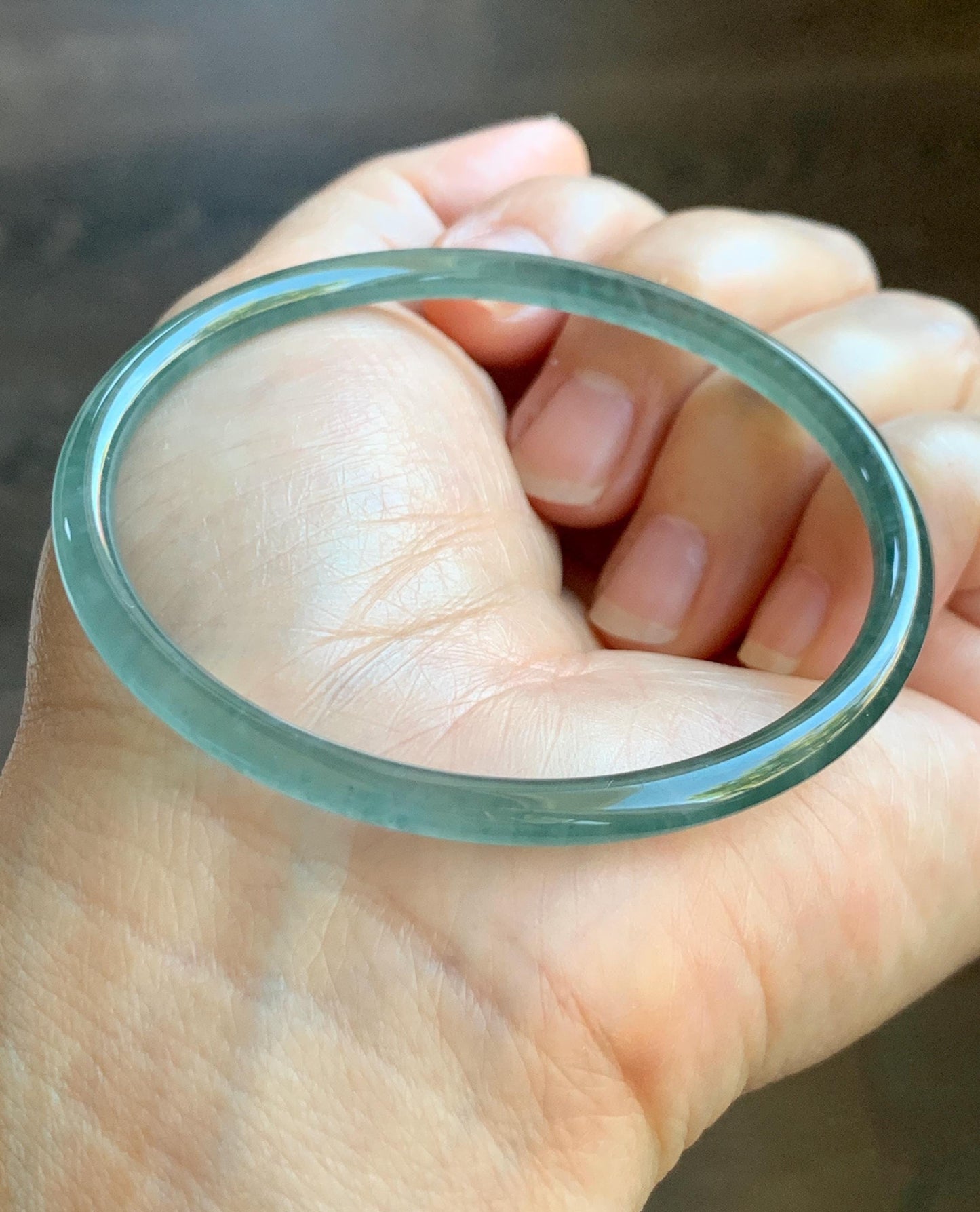 Certified Natural Grade A Guatemalan Icy Highly Translucent Light Teal Green Jade Jadeite Slim Bangle 57.7mm 7.13” 天然冰胶危蓝绿翡翠细圆条手镯 8812