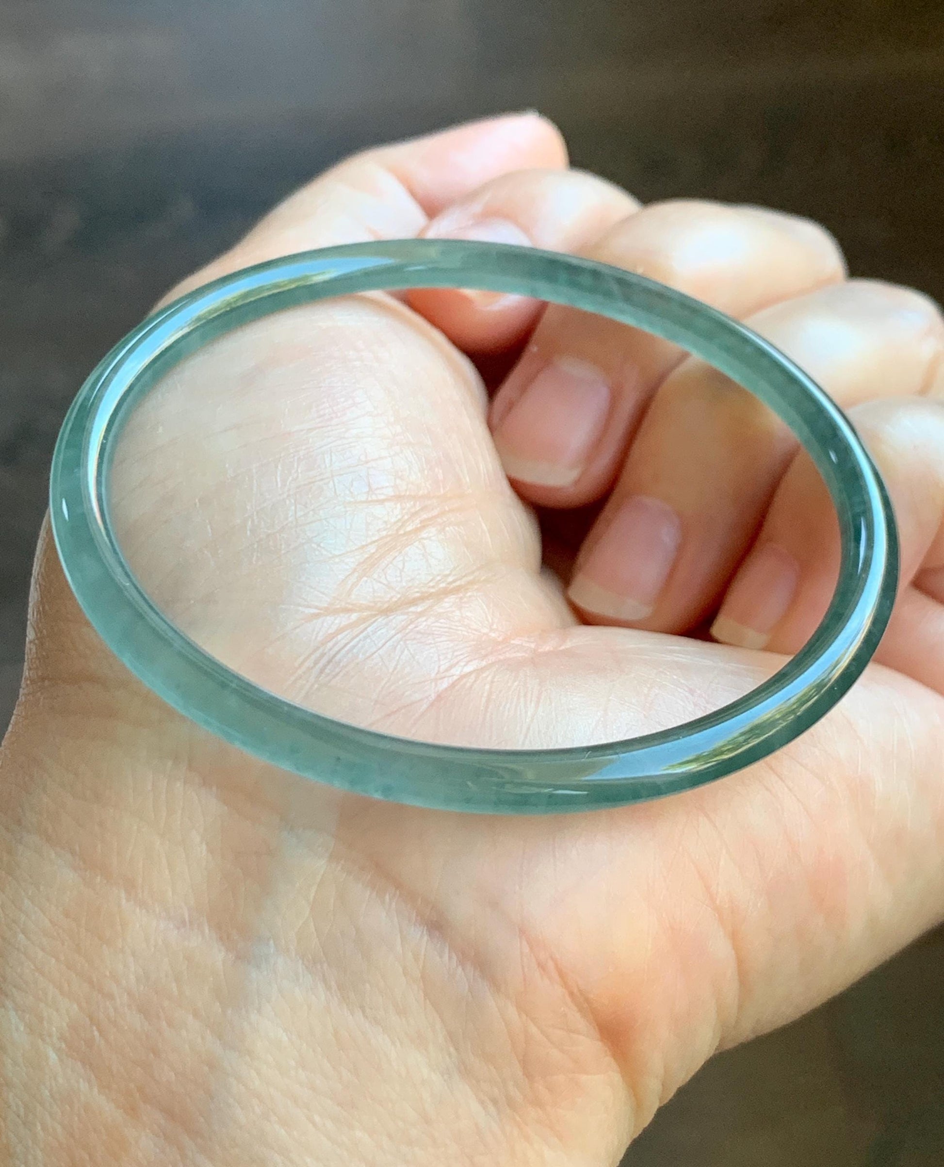 Certified Natural Grade A Guatemalan Icy Highly Translucent Light Teal Green Jade Jadeite Slim Bangle 57.7mm 7.13” 天然冰胶危蓝绿翡翠细圆条手镯 8812