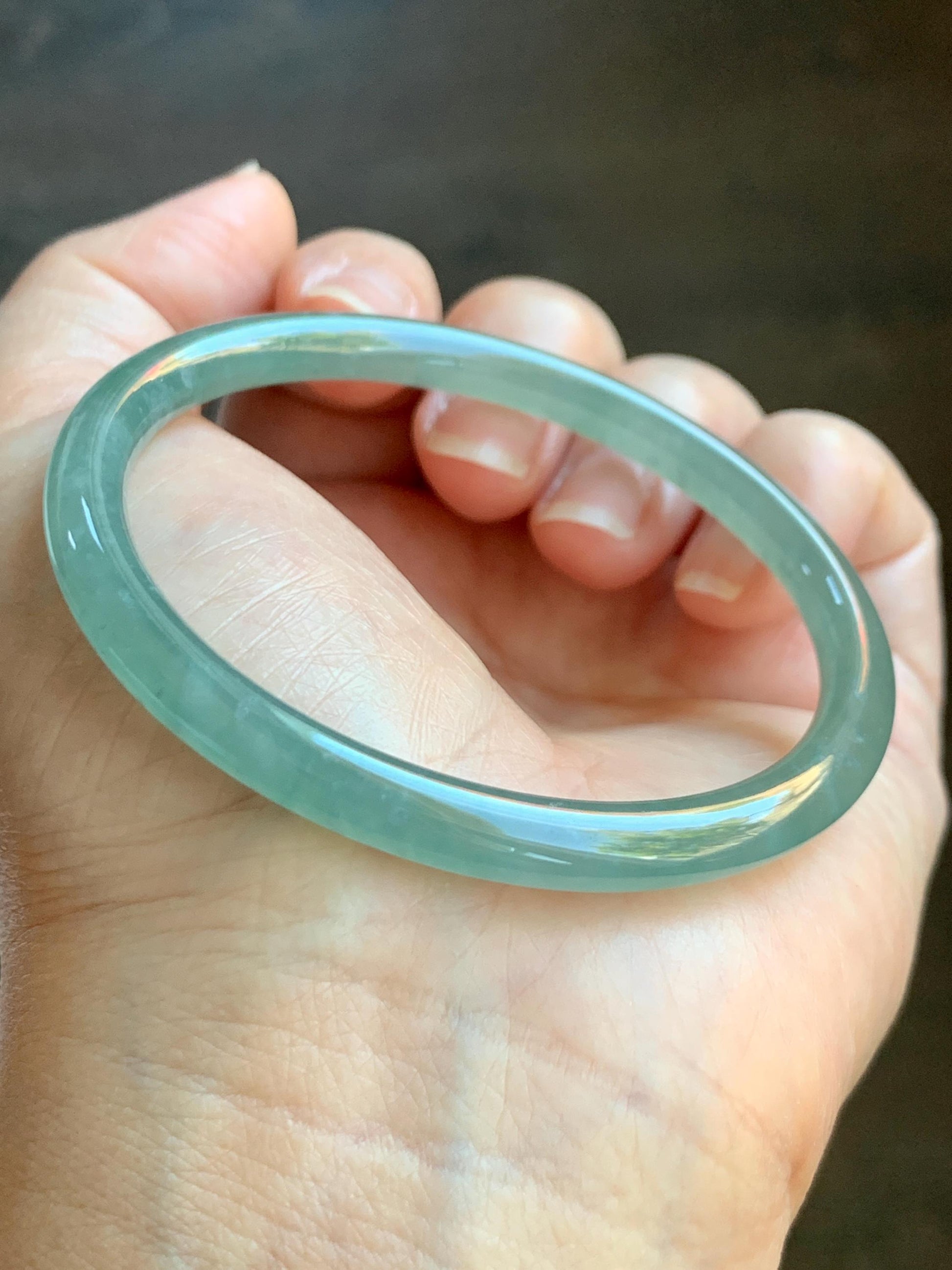 Certified Natural Grade A Guatemalan Icy Highly Translucent Light Green Jade Jadeite Bangle 56.79mm 7” 19.23g 天然冰胶危晴绿翡翠圆条手镯 8811