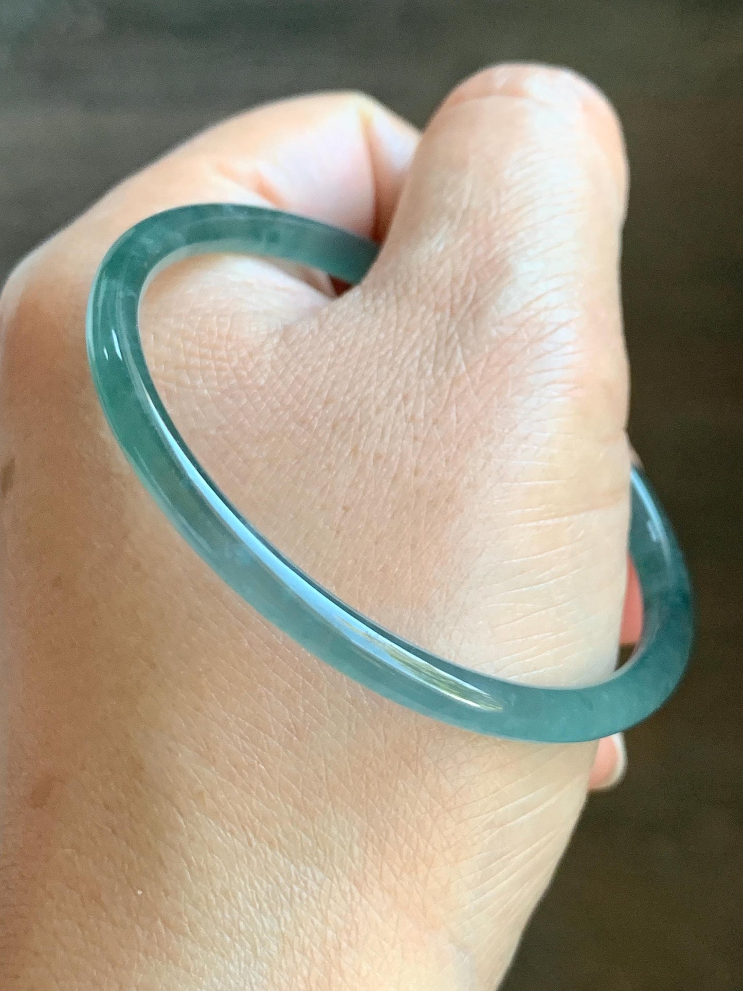 Certified Natural Grade A Guatemalan Icy Highly Translucent Light Teal Green Jade Jadeite Slim Bangle 53.87mm 6.65” 天然冰胶危蓝绿翡翠细圆条手镯 8814