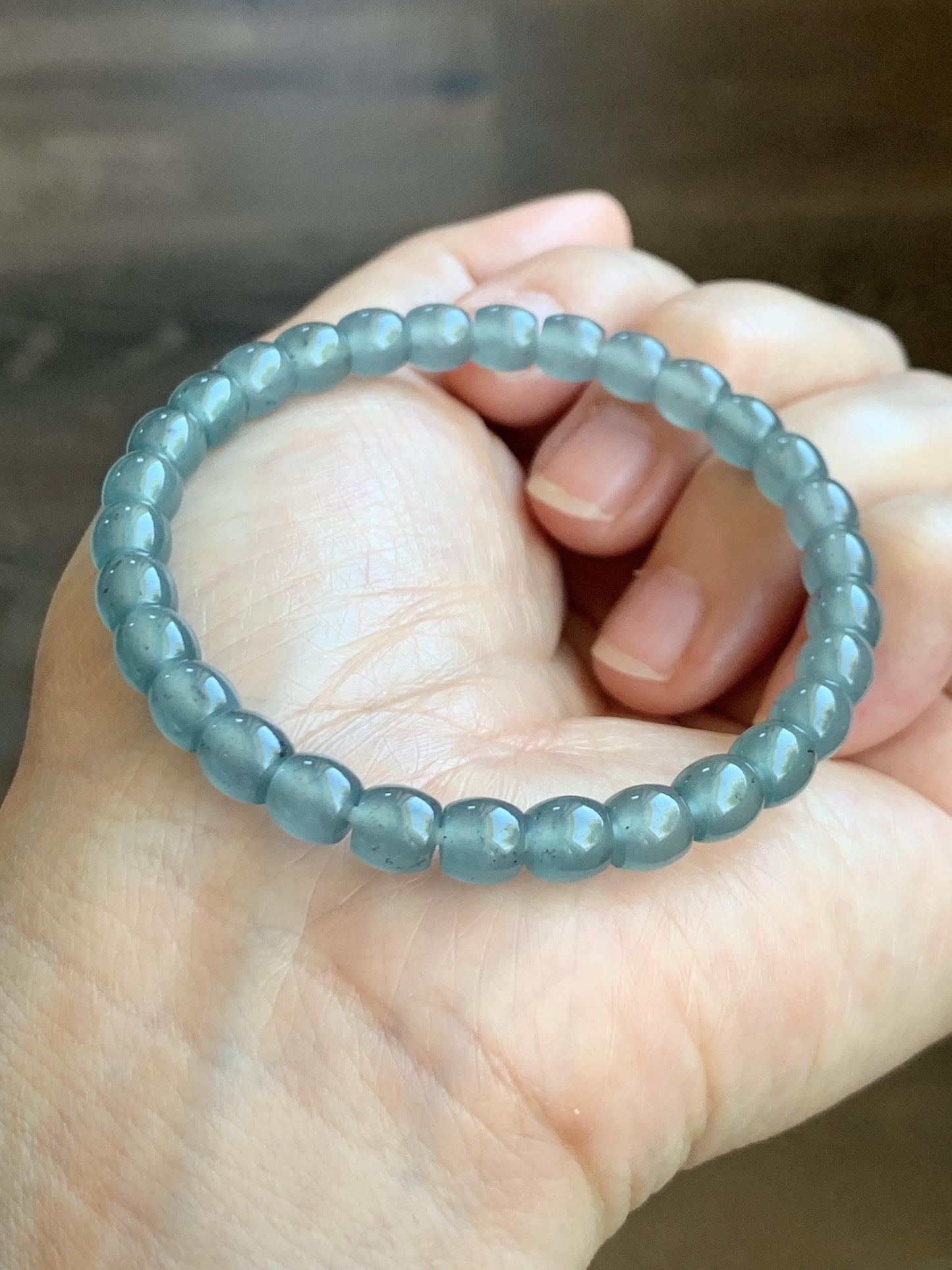 Natural Grade A Guatemalan Icy Highly Translucent Gelatinous Blue Jade Jadeite Barrel Beads Beaded Bracelet 7” 14g 天然冰胶危蓝翡翠桶珠手串 BWT330A