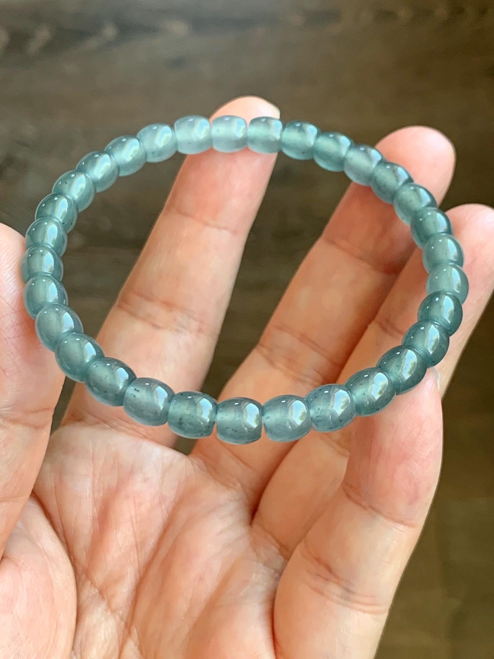 Natural Grade A Guatemalan Icy Highly Translucent Gelatinous Blue Jade Jadeite Barrel Beads Beaded Bracelet 7” 14g 天然冰胶危蓝翡翠桶珠手串 BWT330B