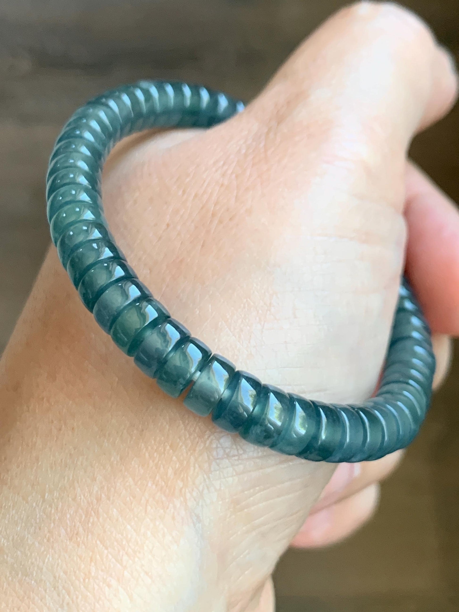 Natural Guatemalan Icy Highly Translucent Gelatinous Dark Teal Blue Jade Jadeite Flat Barrel Beads Beaded Bracelet 7” 19g 天然冰危篮翡翠桶珠手串 BWP330