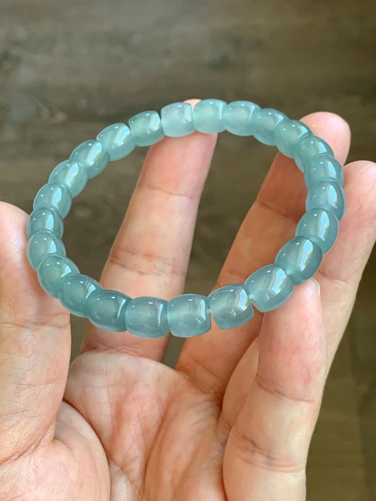 Certified Natural Guatemalan Icy Translucent Gelatinous Light Teal Blue Jade Jadeite Barrel Beads Beaded Bracelet 7” 22.9g 天然冰胶危蓝翡翠桶珠手串 8751