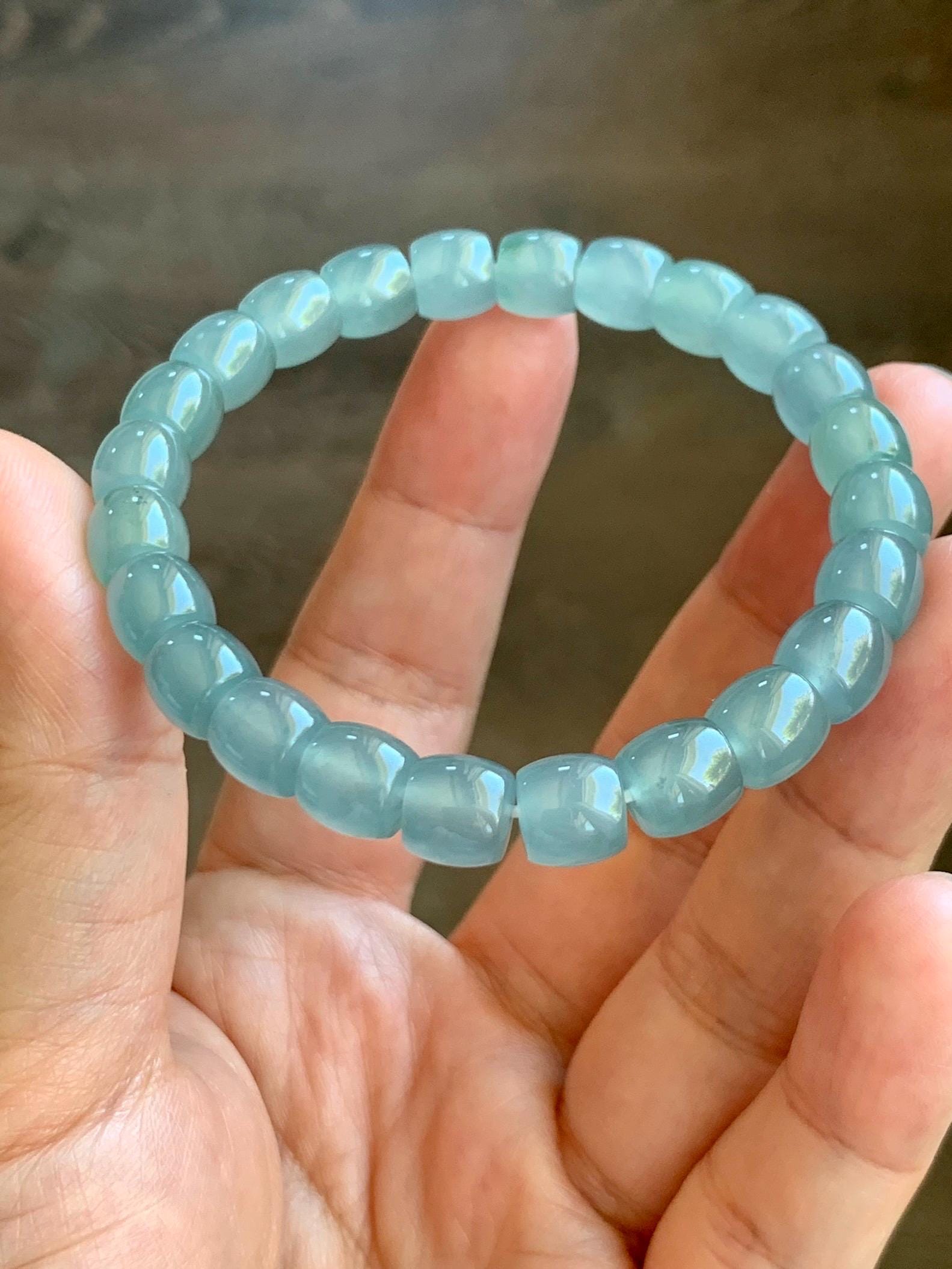 Certified Natural Guatemalan Icy Translucent Gelatinous Light Teal Blue Jade Jadeite Barrel Beads Beaded Bracelet 7” 22.9g 天然冰胶危蓝翡翠桶珠手串 8751