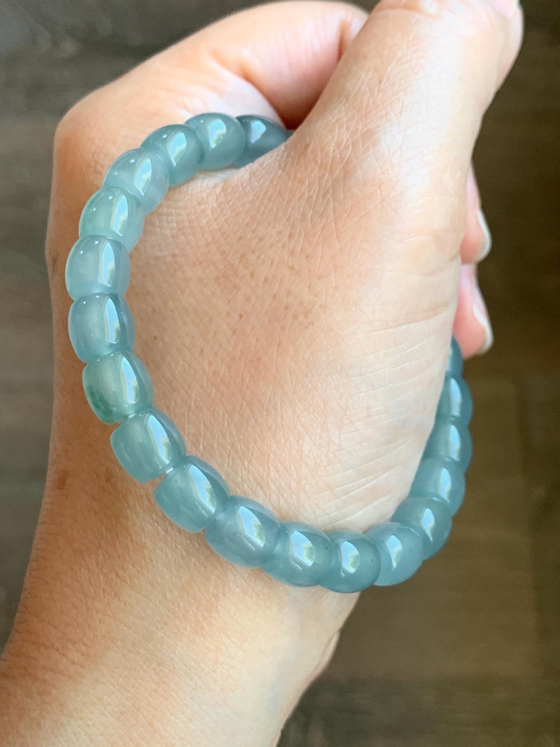 Certified Natural Guatemalan Icy Translucent Gelatinous Light Teal Blue Jade Jadeite Barrel Beads Beaded Bracelet 7” 22.9g 天然冰胶危蓝翡翠桶珠手串 8751