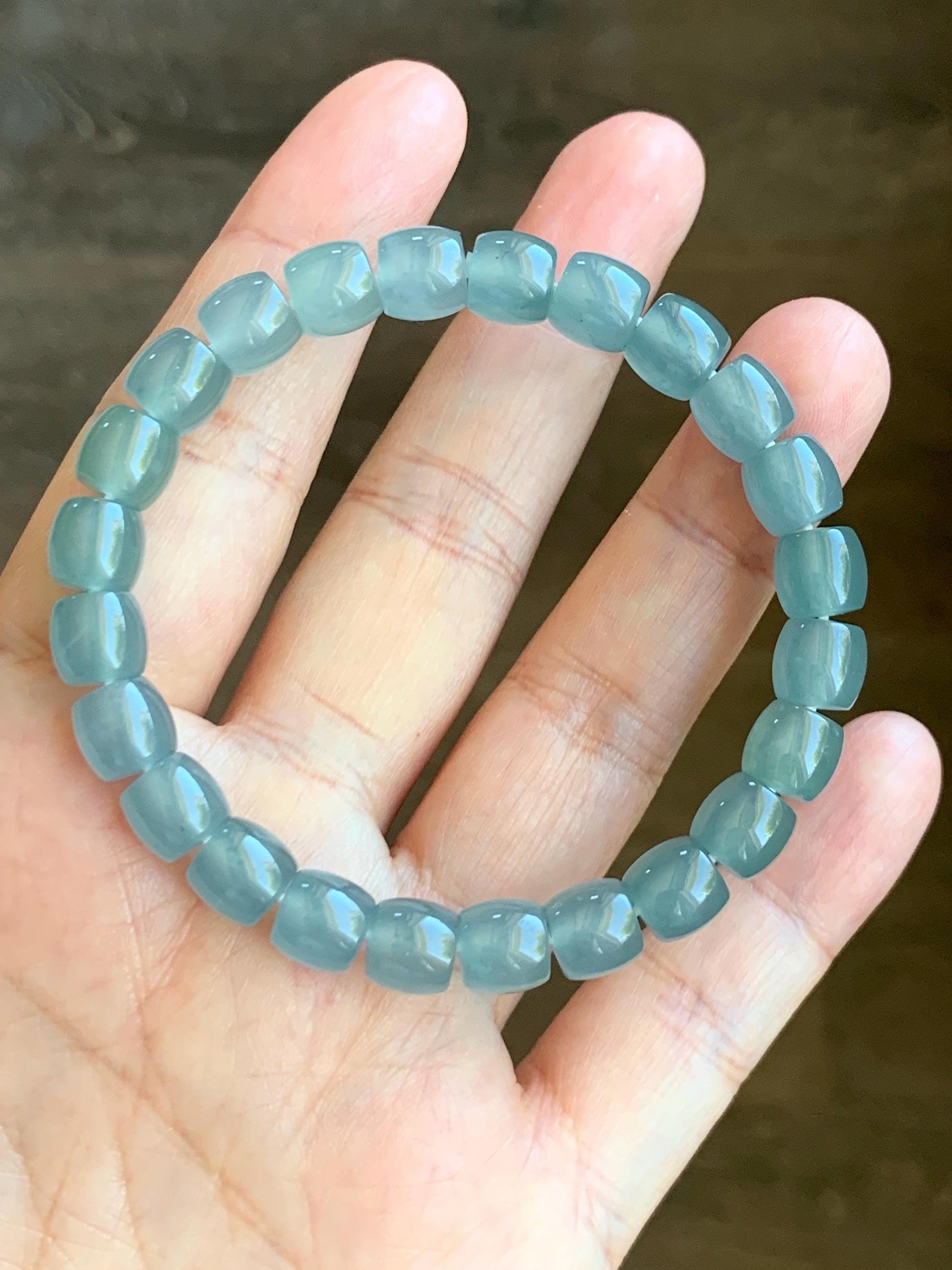 Certified Natural Guatemalan Icy Translucent Gelatinous Light Teal Blue Jade Jadeite Barrel Beads Beaded Bracelet 7” 22.9g 天然冰胶危蓝翡翠桶珠手串 8751