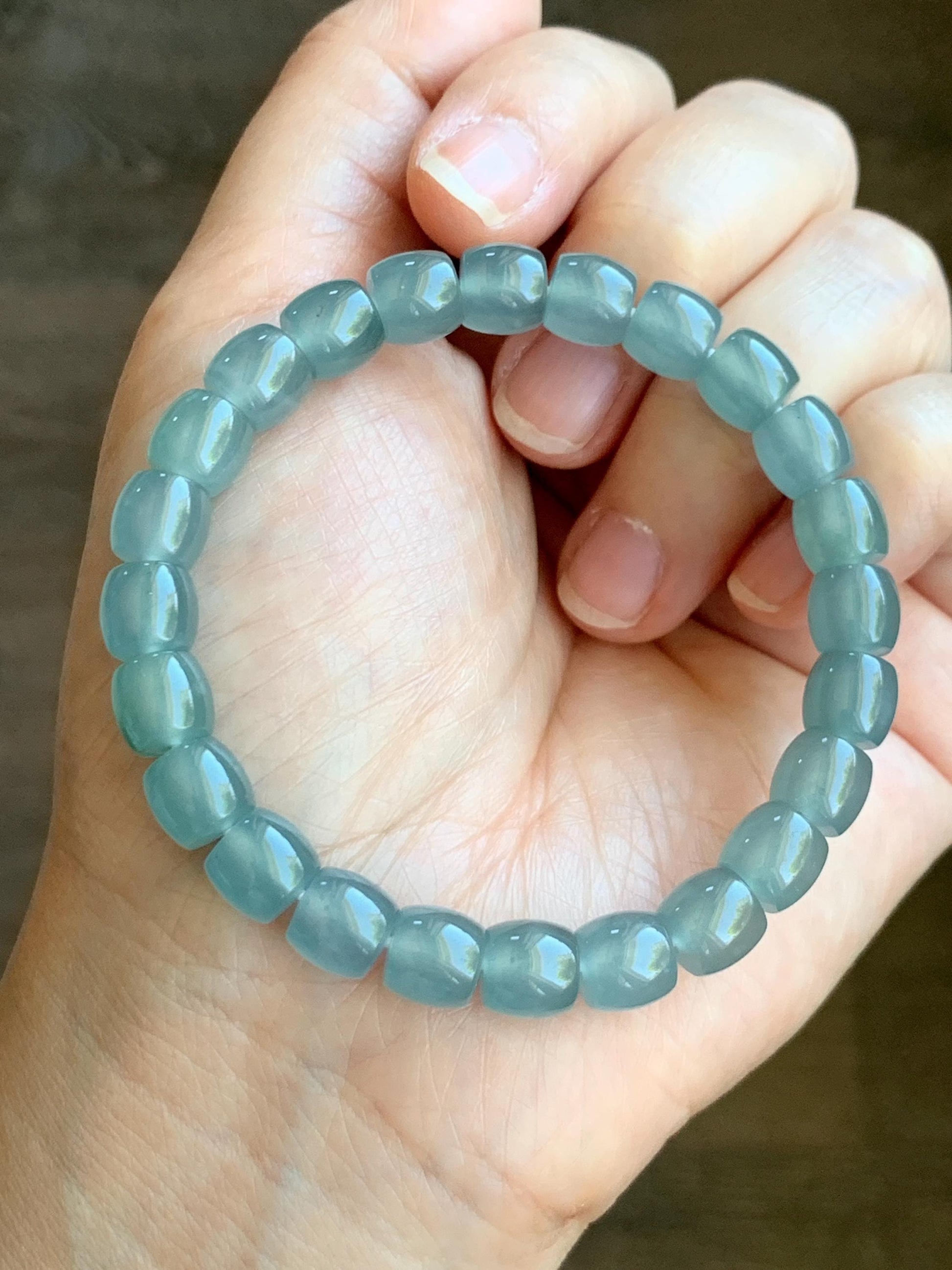 Certified Natural Guatemalan Icy Translucent Gelatinous Light Teal Blue Jade Jadeite Barrel Beads Beaded Bracelet 7” 22.9g 天然冰胶危蓝翡翠桶珠手串 8751