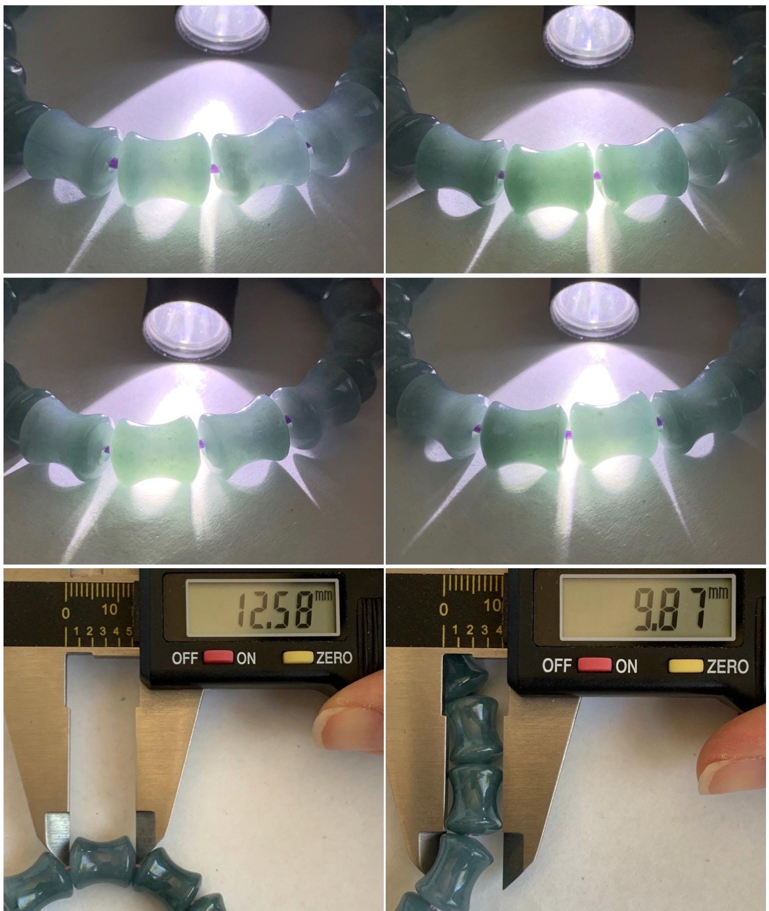 Natural Grade A Guatemalan Icy Translucent Gelatinous Dusty Blue Jadeite Carved Bamboo Stalk Beaded Bracelet 7.5” 34g 天然冰危篮翡翠竹节珠手串 CZJ350A