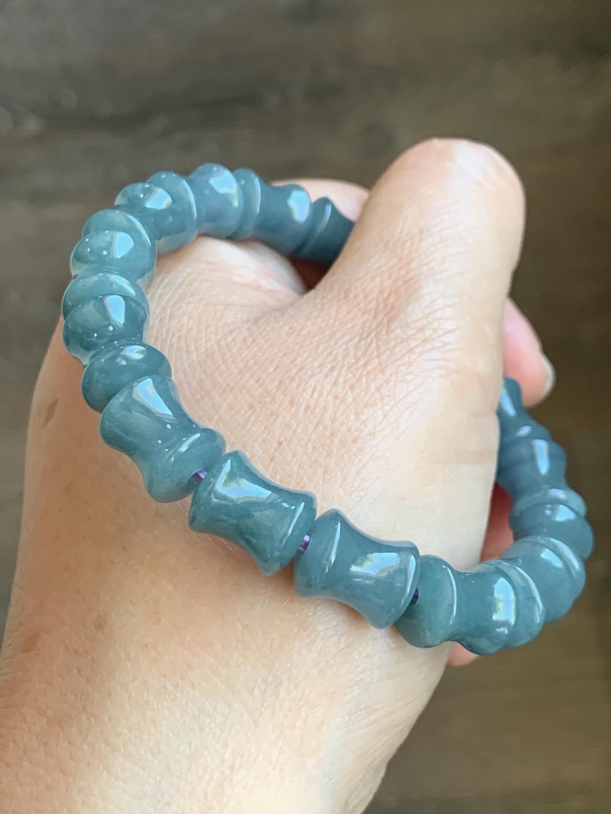 Natural Grade A Guatemalan Icy Translucent Gelatinous Dusty Blue Jadeite Carved Bamboo Stalk Beaded Bracelet 7.5” 34g 天然冰危篮翡翠竹节珠手串 CZJ350A