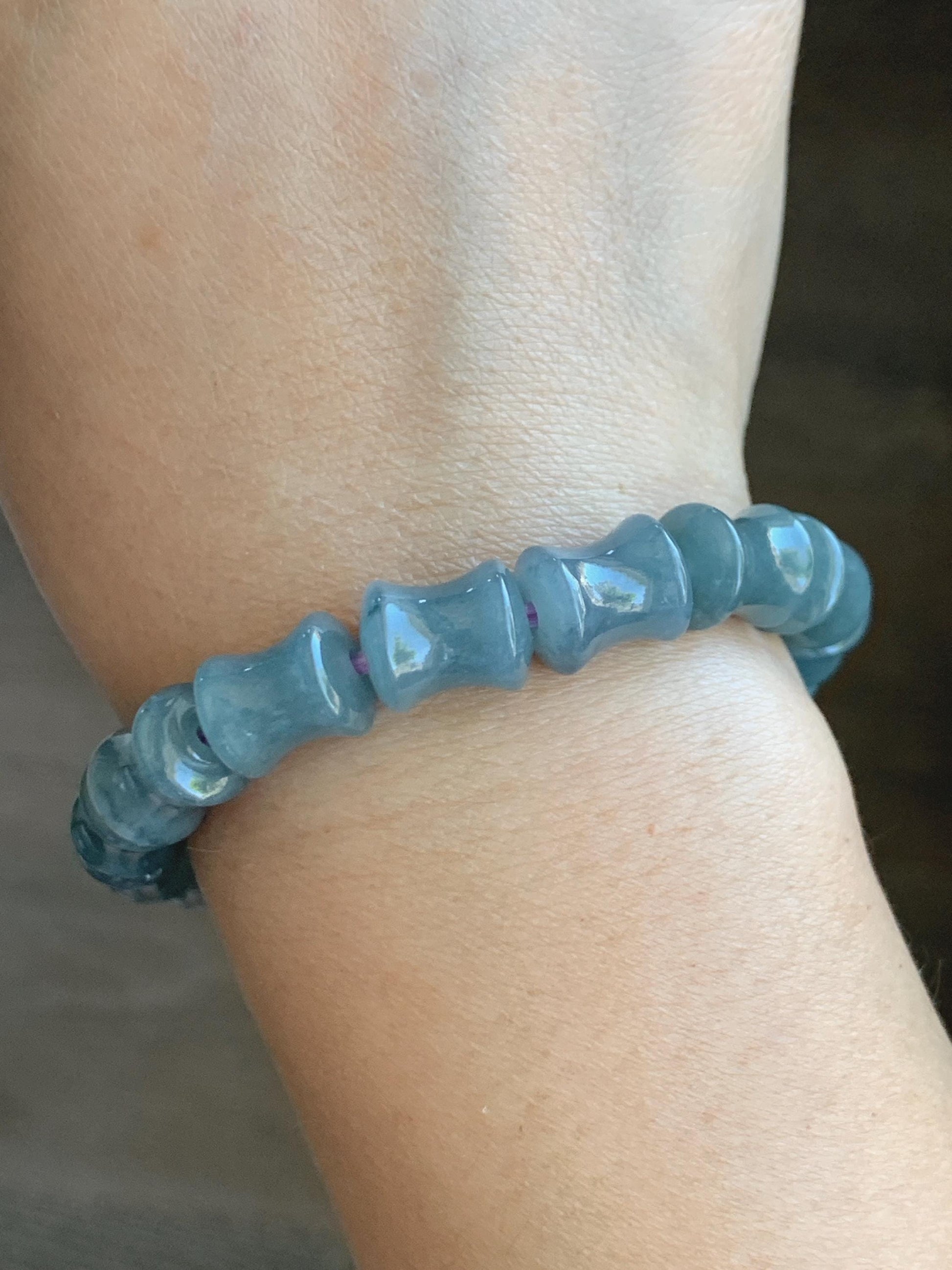 Natural Grade A Guatemalan Icy Translucent Gelatinous Dusty Blue Jadeite Carved Bamboo Stalk Beaded Bracelet 7.5” 34g 天然冰危篮翡翠竹节珠手串 CZJ350A