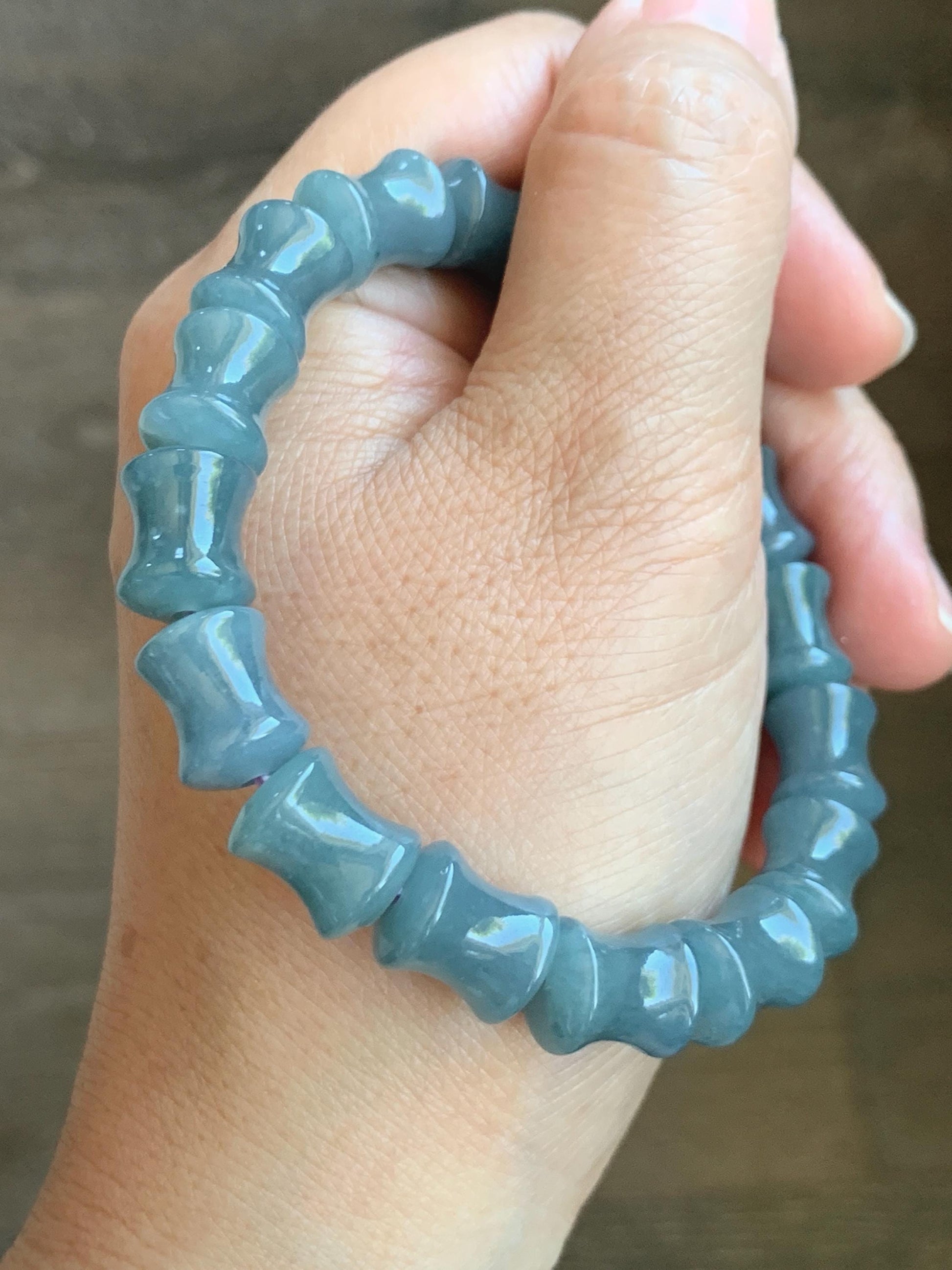 Natural Grade A Guatemalan Icy Translucent Gelatinous Dusty Blue Jadeite Carved Bamboo Stalk Beaded Bracelet 7.5” 35g 天然冰危篮翡翠竹节珠手串 CZJ350B