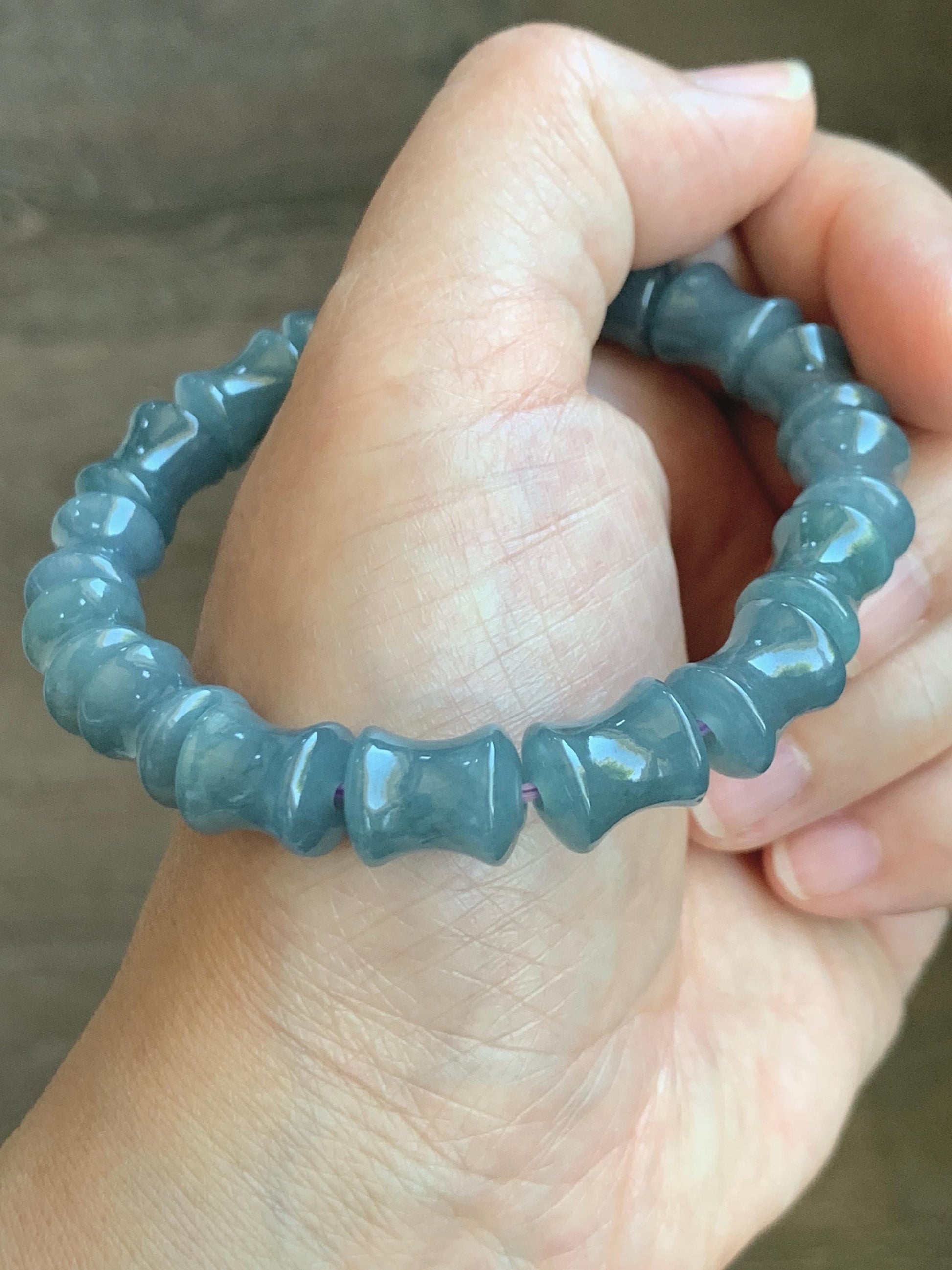 Natural Grade A Guatemalan Icy Translucent Gelatinous Dusty Blue Jadeite Carved Bamboo Stalk Beaded Bracelet 7.5” 35g 天然冰危篮翡翠竹节珠手串 CZJ350B