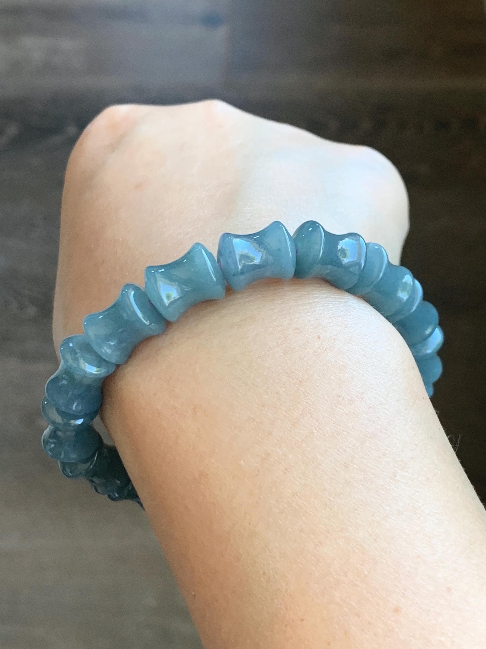 Natural Grade A Guatemalan Icy Translucent Gelatinous Dusty Blue Jadeite Carved Bamboo Stalk Beaded Bracelet 7.5” 35g 天然冰危篮翡翠竹节珠手串 CZJ350B