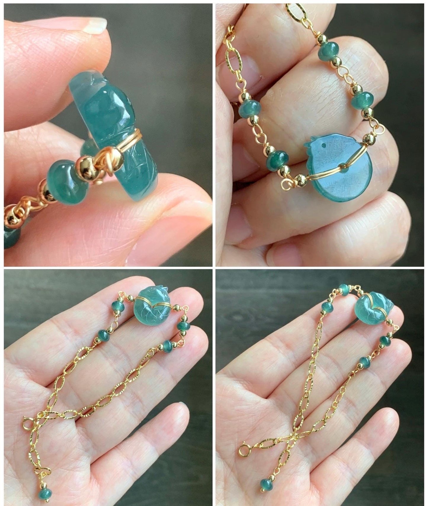 Natural Guatemalan Icy Translucent Teal Jade Jadeite Baby Dragon Ping An Kou Donut Bracelet 14K Gold Filled adjustable 天然冰危蓝绿翡翠龙宝宝平安扣14K包金手链
