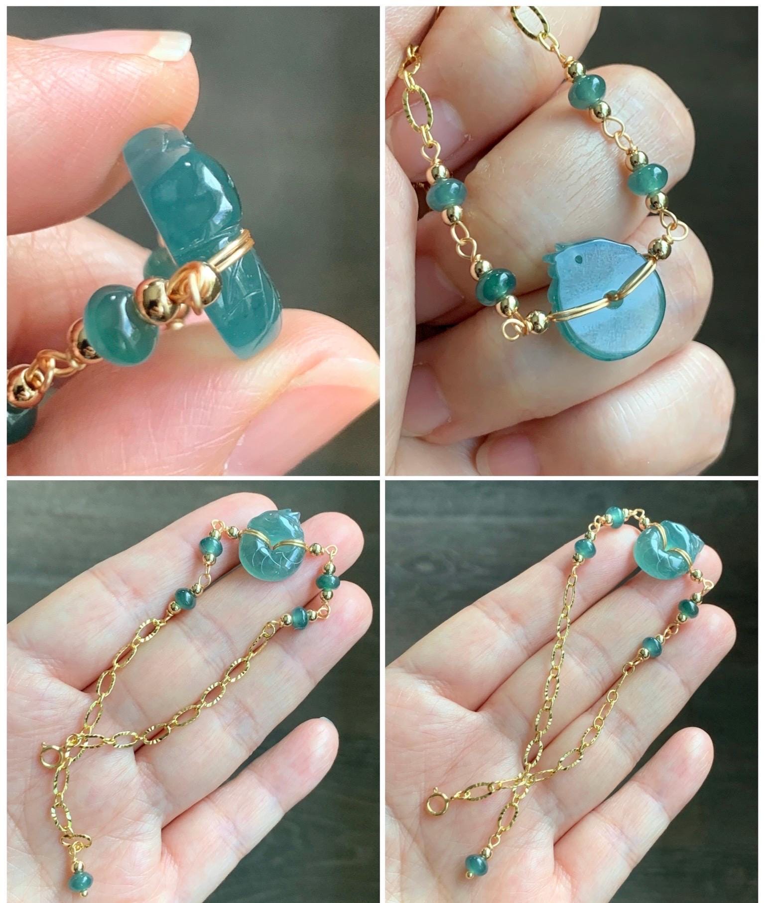 Natural Guatemalan Icy Translucent Teal Jade Jadeite Baby Dragon Ping An Kou Donut Bracelet 14K Gold Filled adjustable 天然冰危蓝绿翡翠龙宝宝平安扣14K包金手链