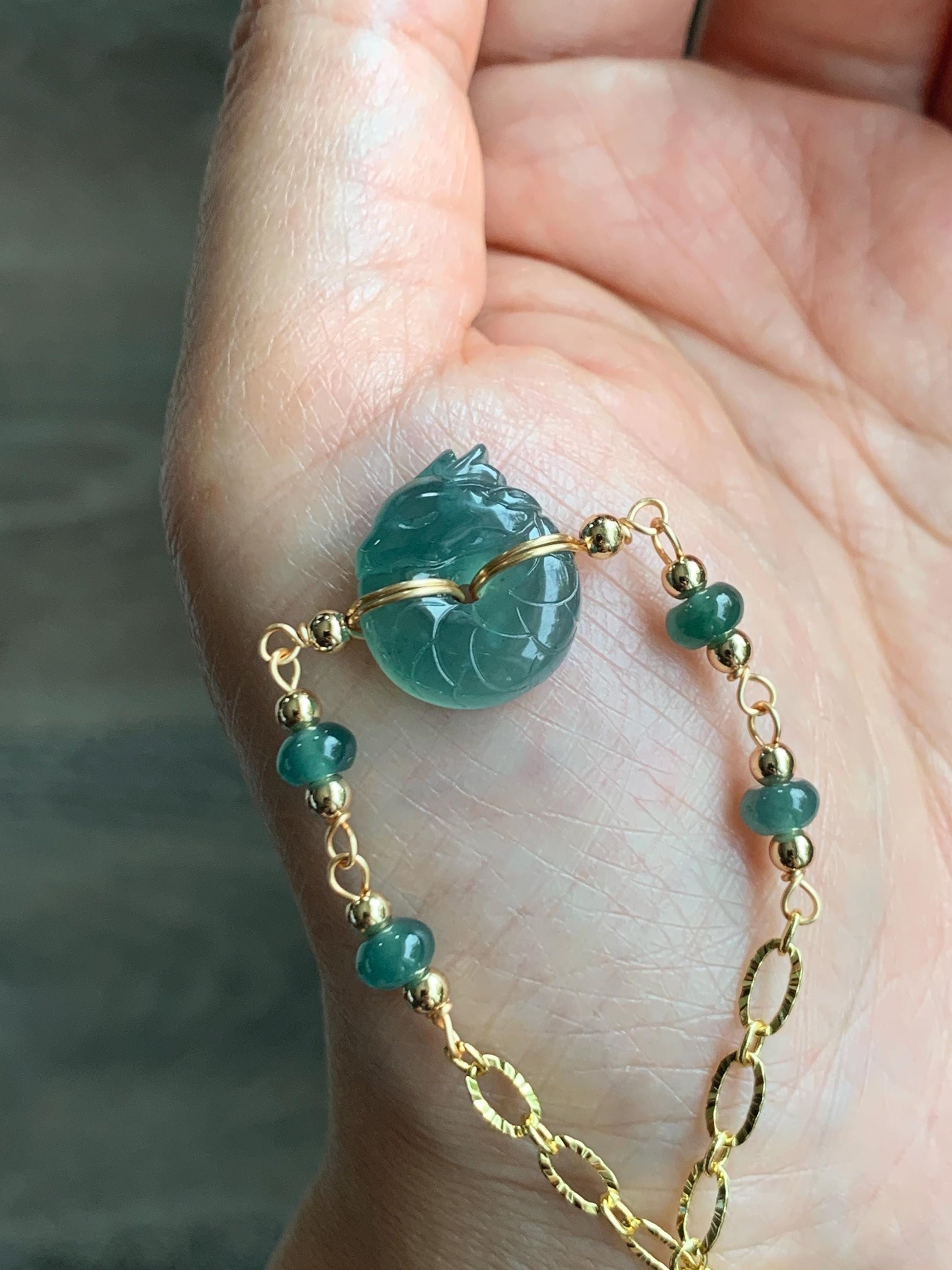 Natural Guatemalan Icy Translucent Teal Jade Jadeite Baby Dragon Ping An Kou Donut Bracelet 14K Gold Filled adjustable 天然冰危蓝绿翡翠龙宝宝平安扣14K包金手链