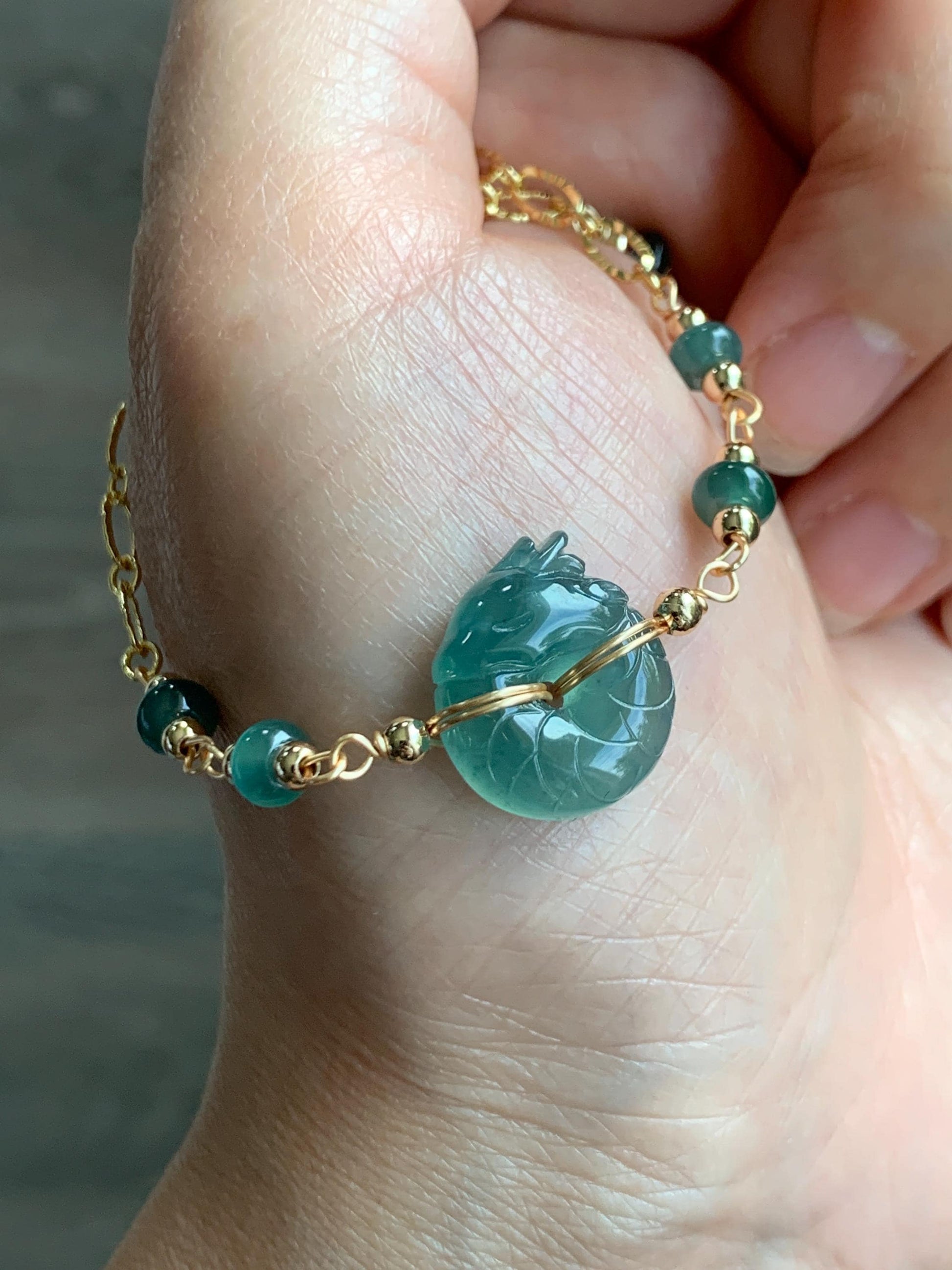 Natural Guatemalan Icy Translucent Teal Jade Jadeite Baby Dragon Ping An Kou Donut Bracelet 14K Gold Filled adjustable 天然冰危蓝绿翡翠龙宝宝平安扣14K包金手链