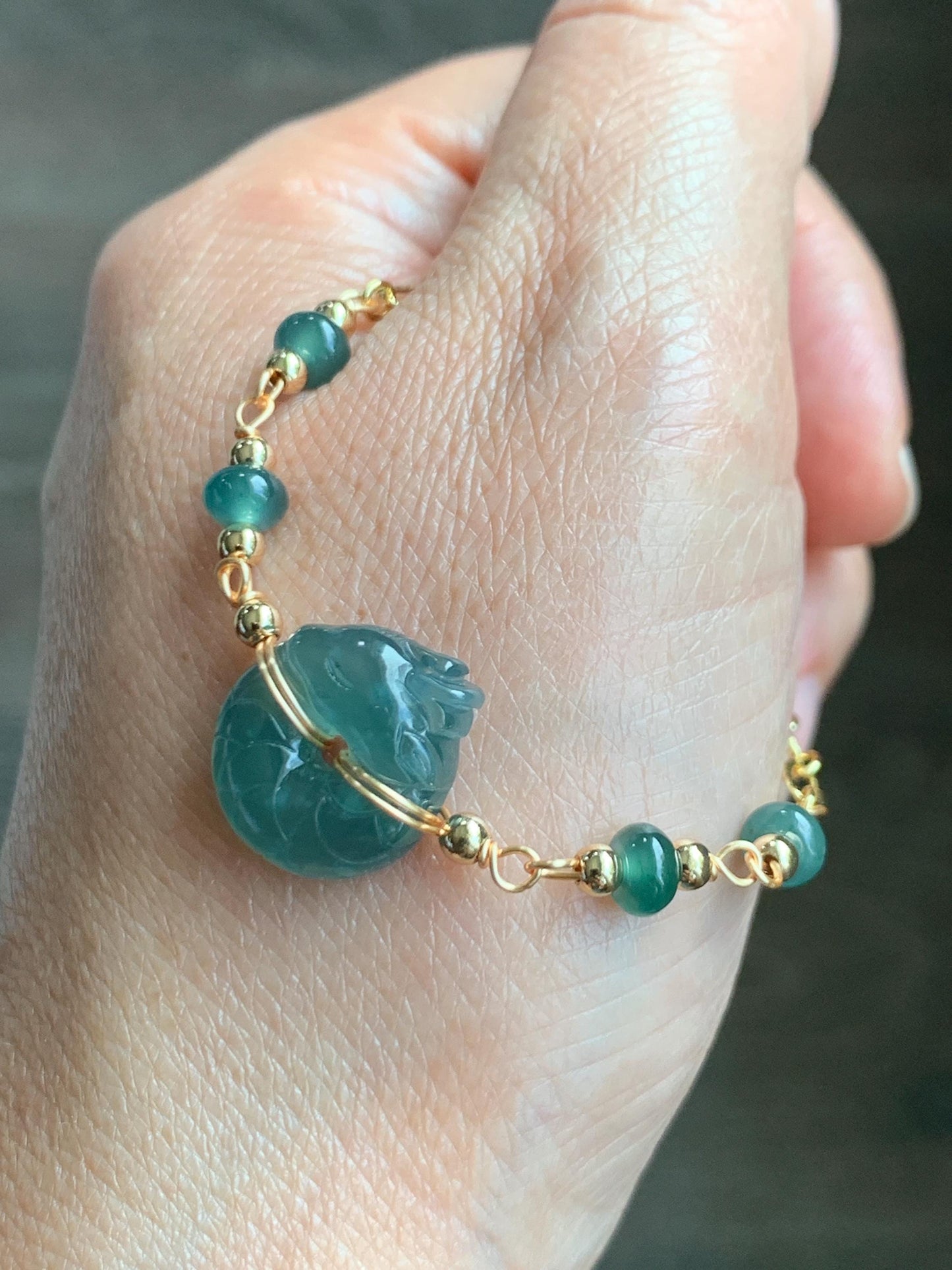 Natural Guatemalan Icy Translucent Teal Jade Jadeite Baby Dragon Ping An Kou Donut Bracelet 14K Gold Filled adjustable 天然冰危蓝绿翡翠龙宝宝平安扣14K包金手链